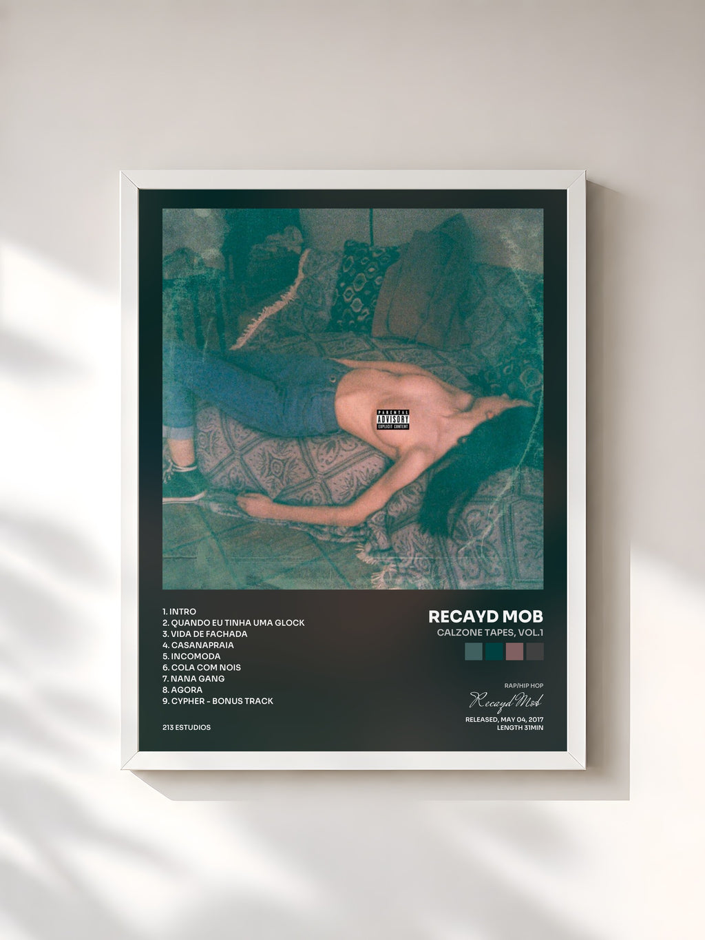 #blanc Tableau de l'album Calzone Tapes, Vol.1 de Recayd Mob, cadre blanc, imprimé et encadré en France