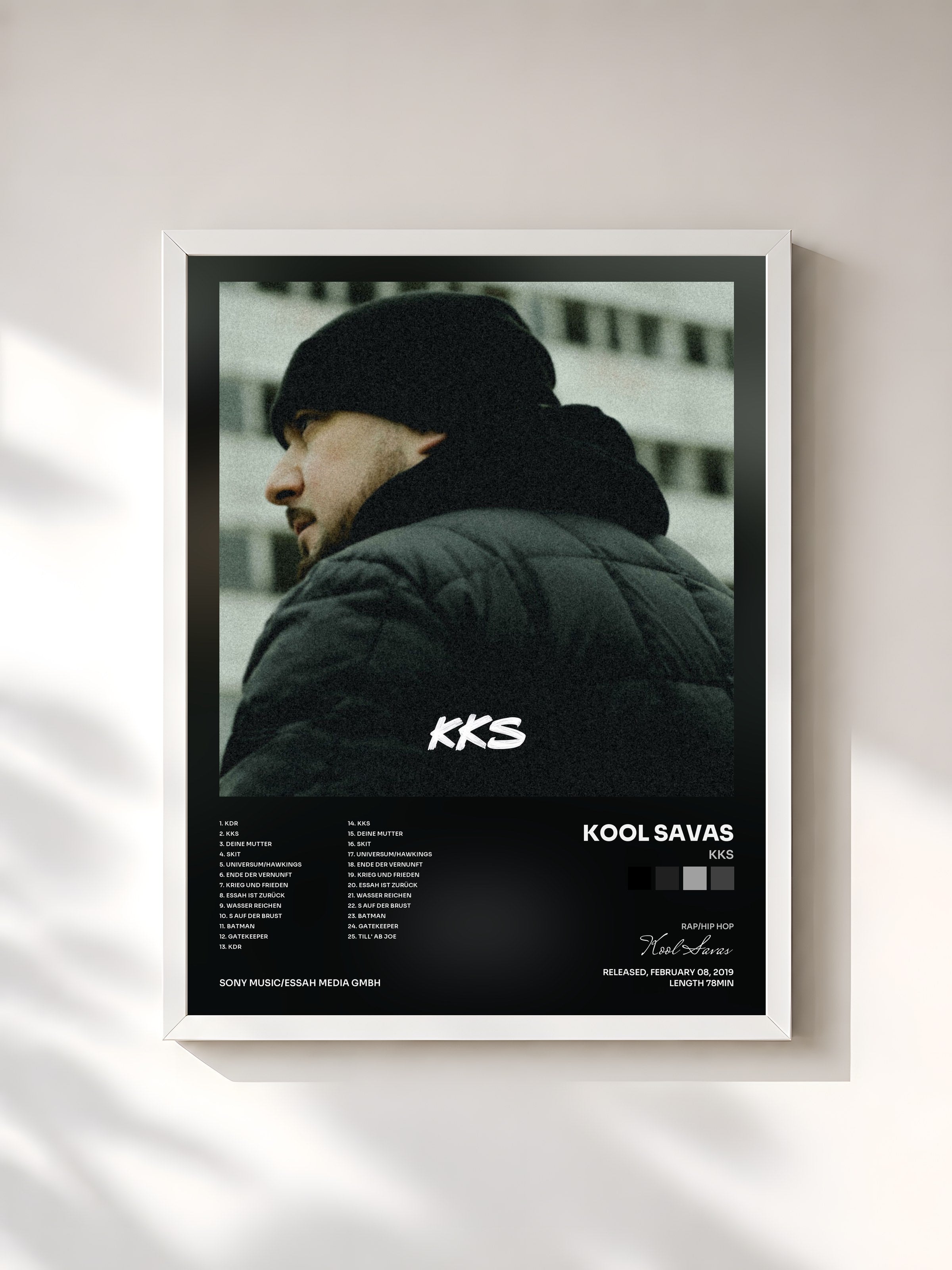 #blanc Tableau de l'album KKS de Kool Savas, cadre blanc, imprimé et encadré en France
