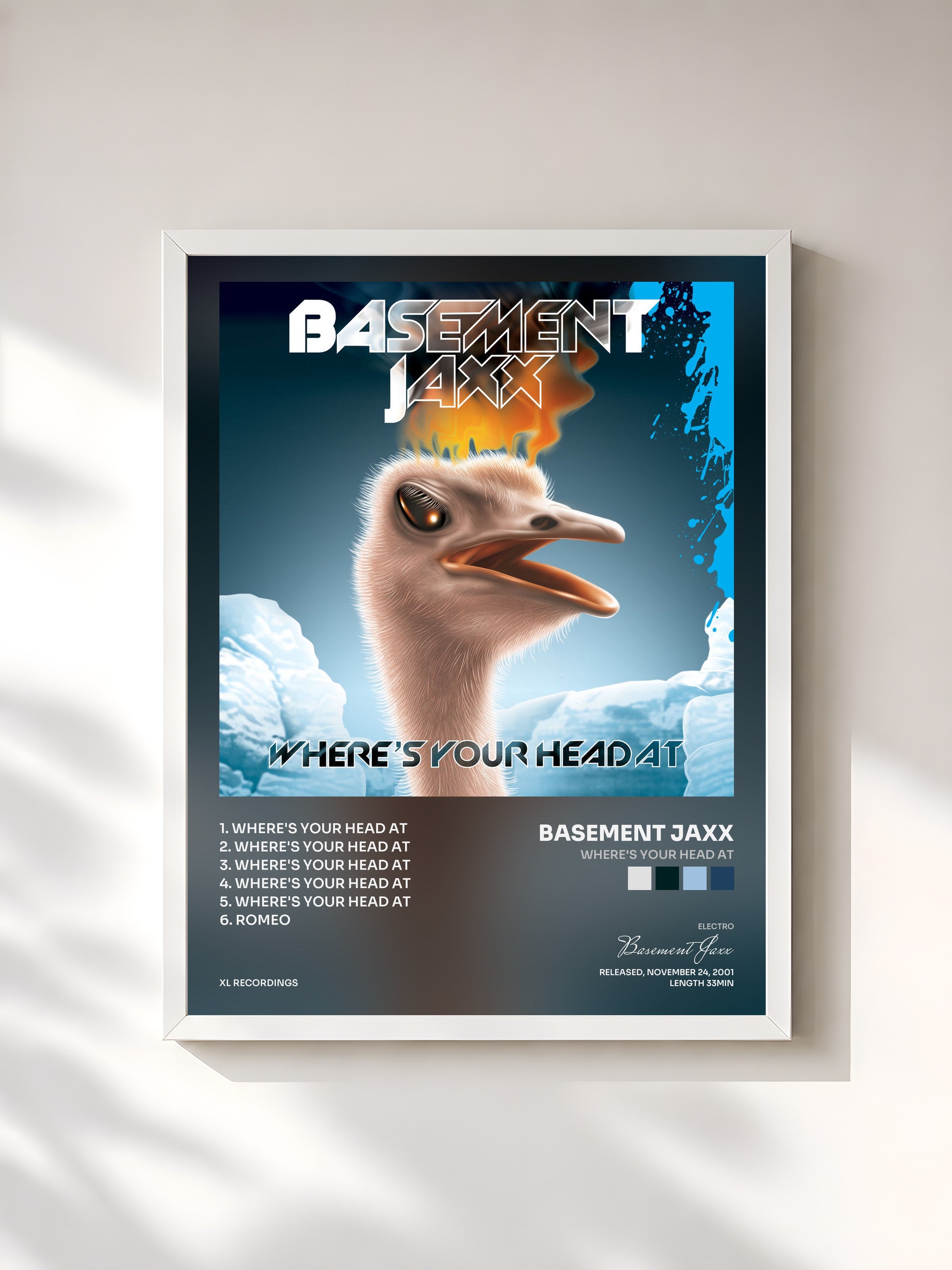 #blanc Tableau de l'album Where's Your Head At de Basement Jaxx, cadre blanc, imprimé et encadré en France