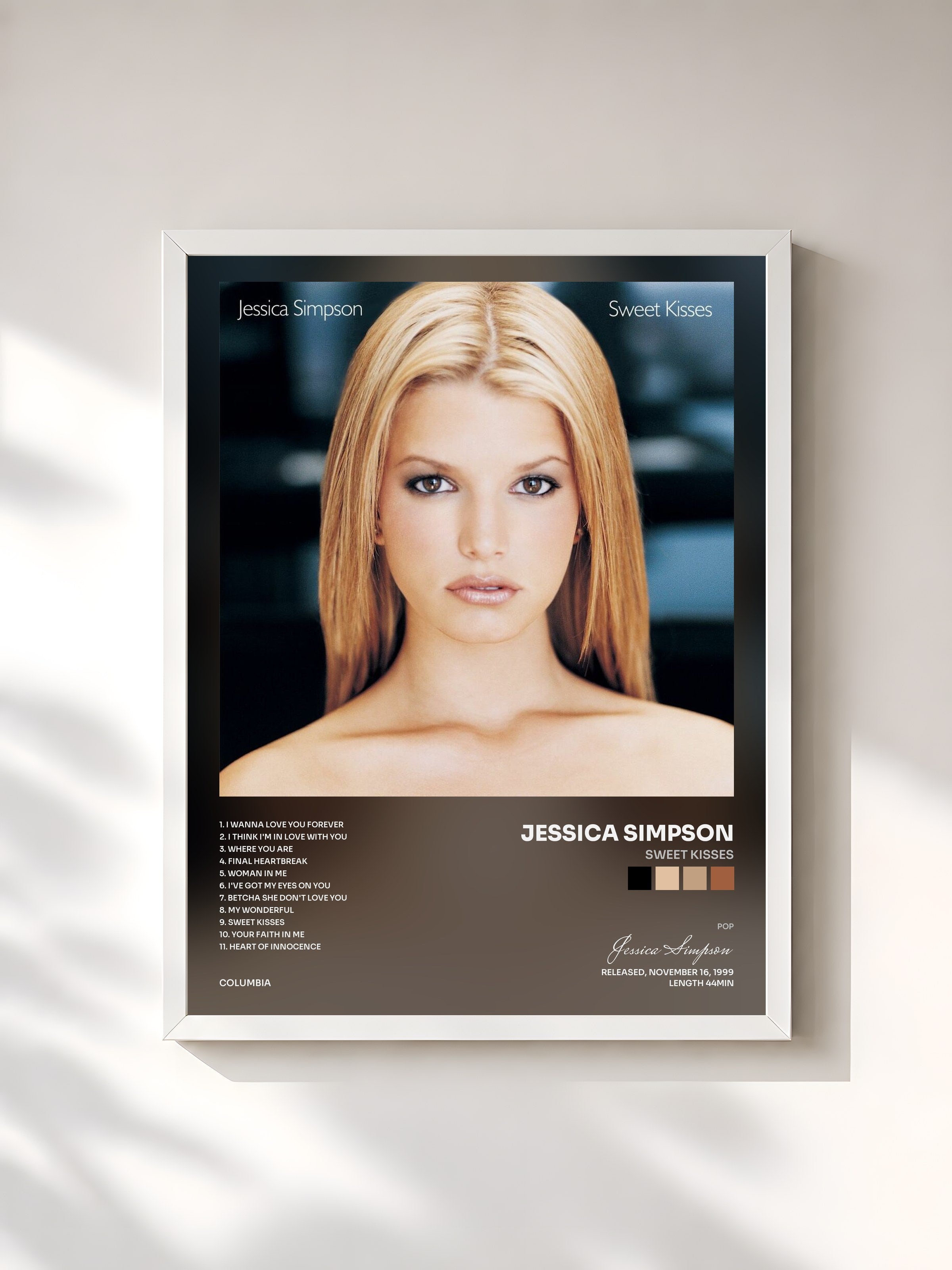 #blanc Tableau de l'album Sweet Kisses de Jessica Simpson, cadre blanc, imprimé et encadré en France