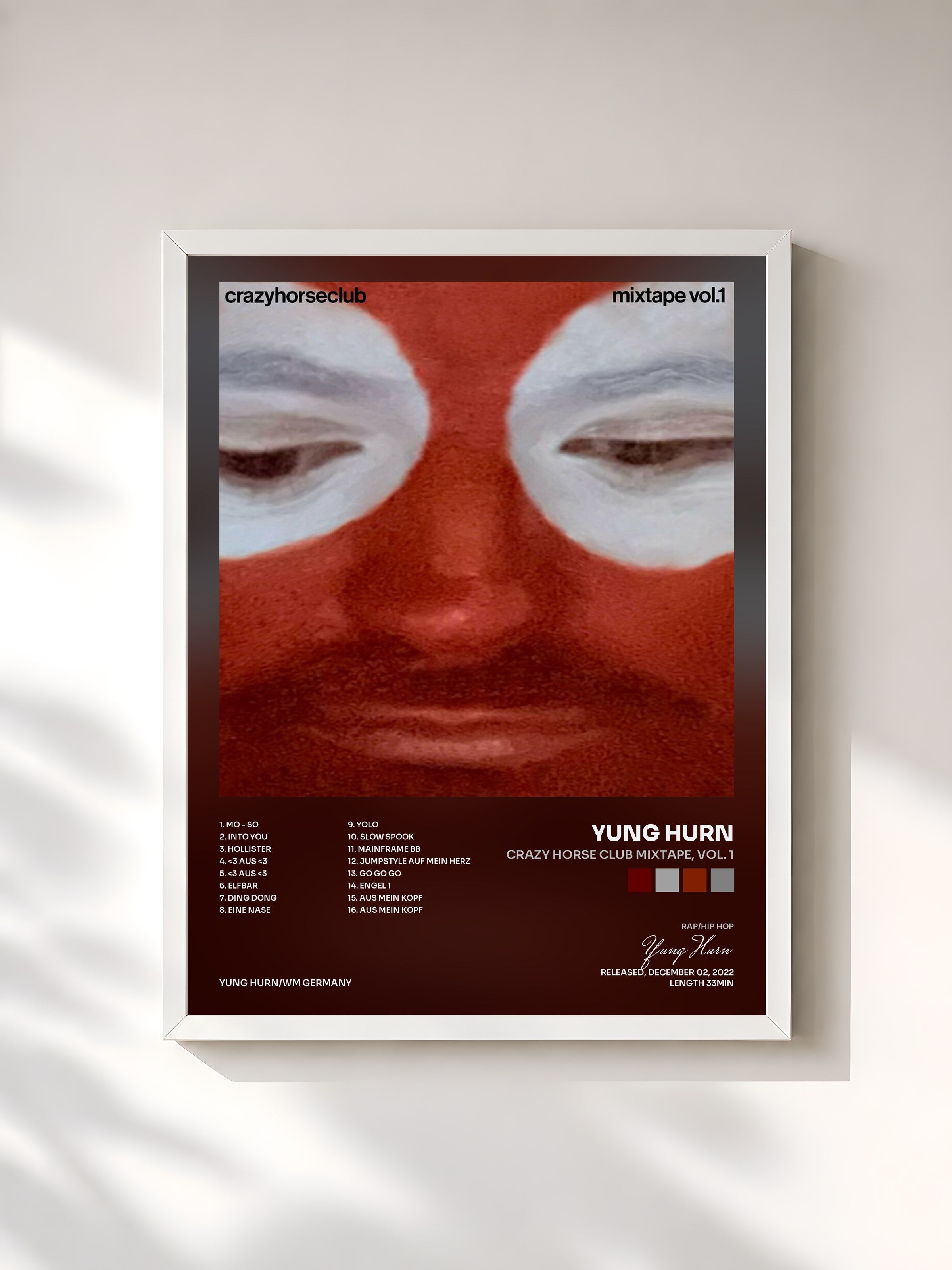 #blanc Tableau de l'album CRAZY HORSE CLUB MIXTAPE, VOL. 1 de Yung Hurn, cadre blanc, imprimé et encadré en France