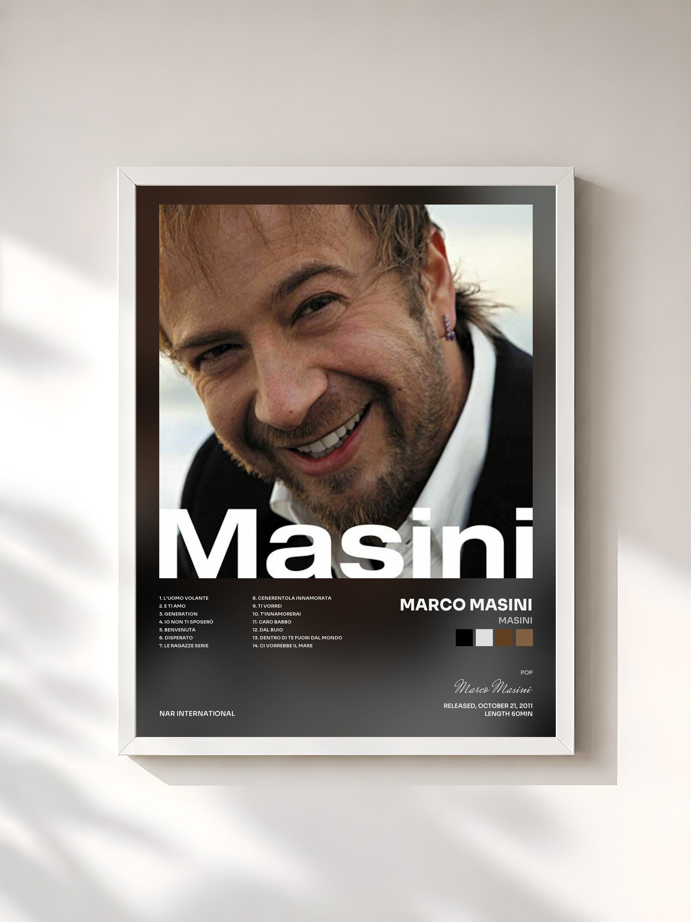 #blanc Tableau de l'album Masini de Marco Masini, cadre blanc, imprimé et encadré en France