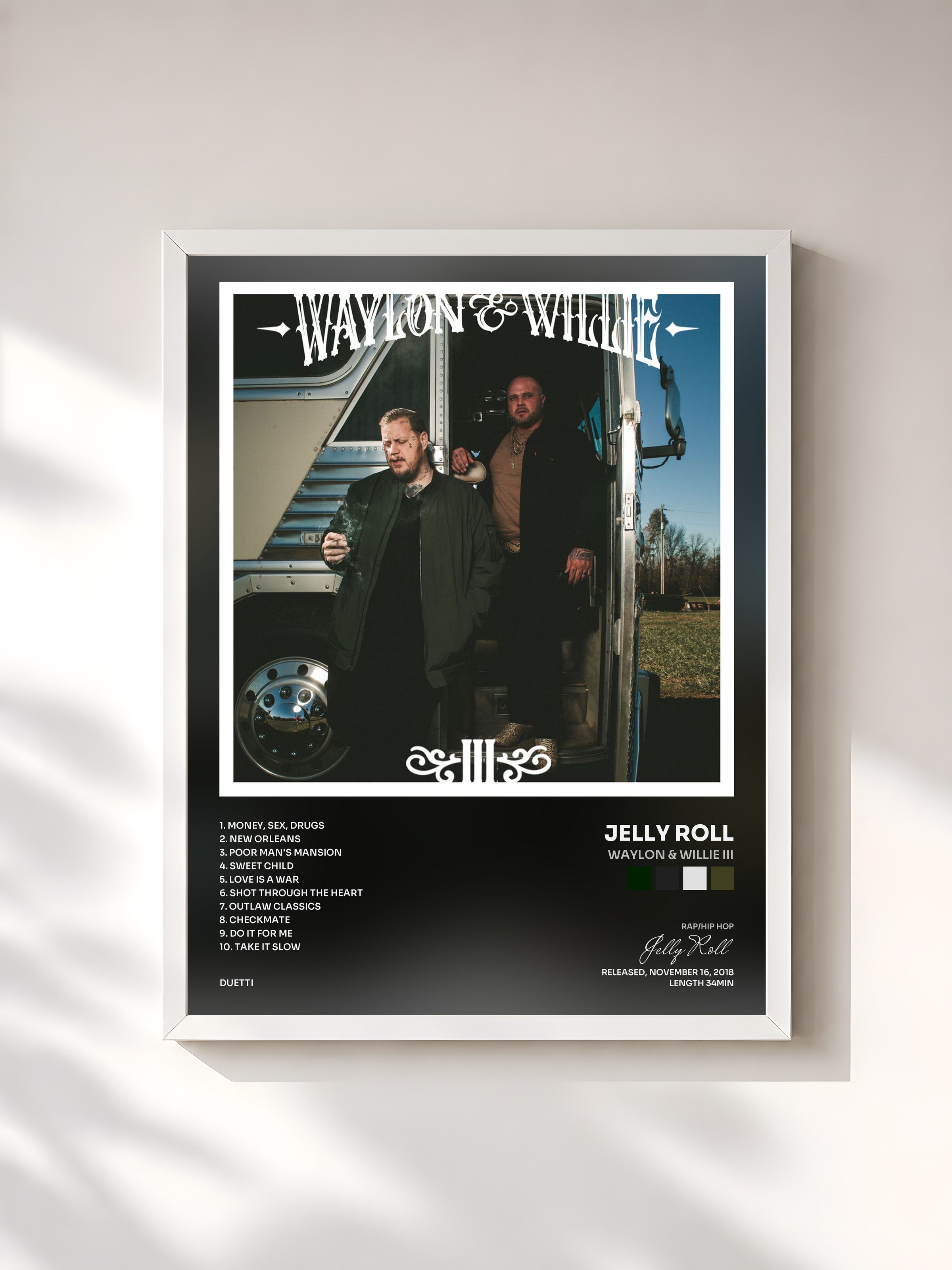 #blanc Tableau de l'album Waylon & Willie III de Jelly Roll, cadre blanc, imprimé et encadré en France