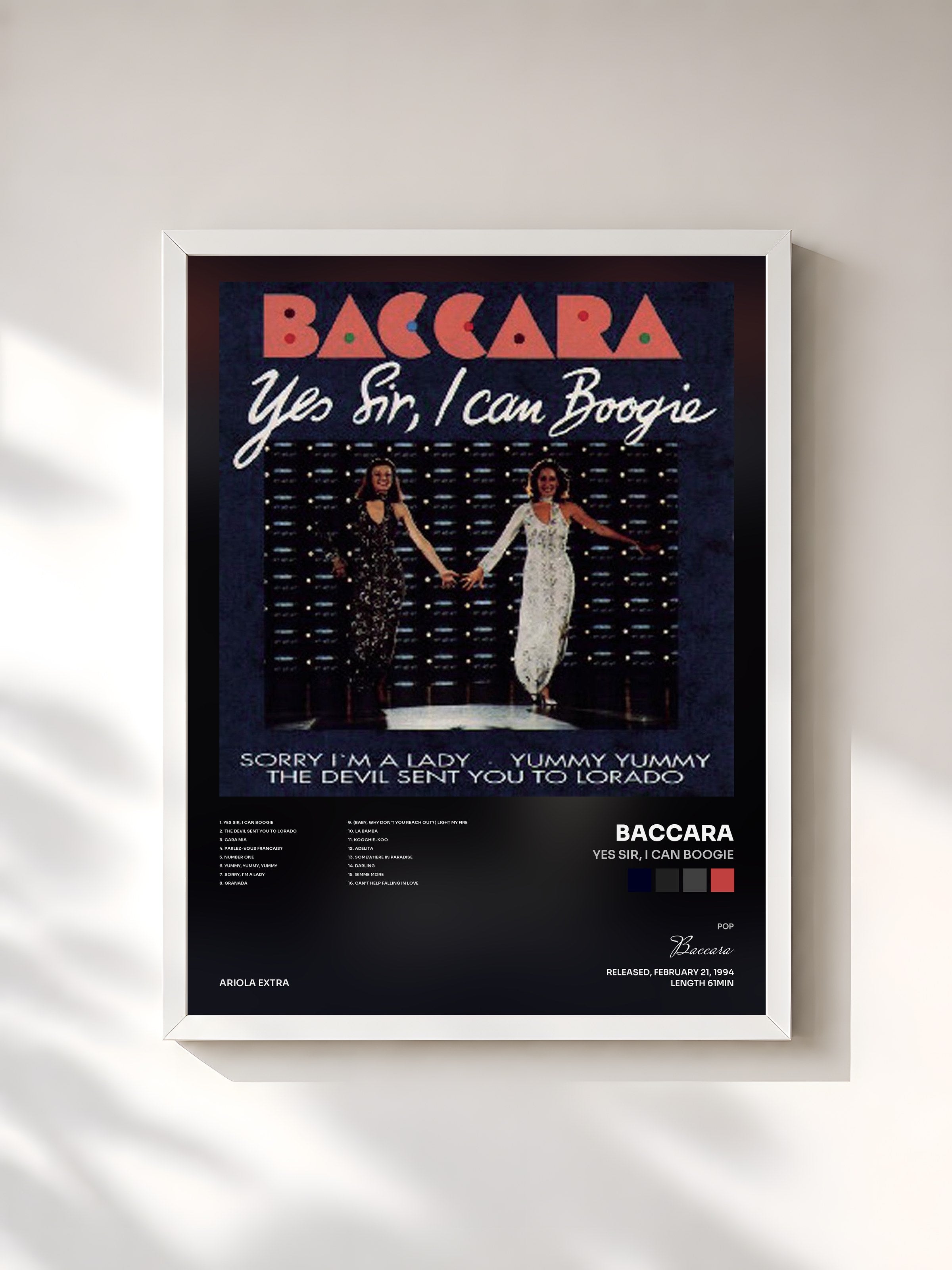 #blanc Tableau de l'album Yes Sir, I Can Boogie de Baccara, cadre blanc, imprimé et encadré en France
