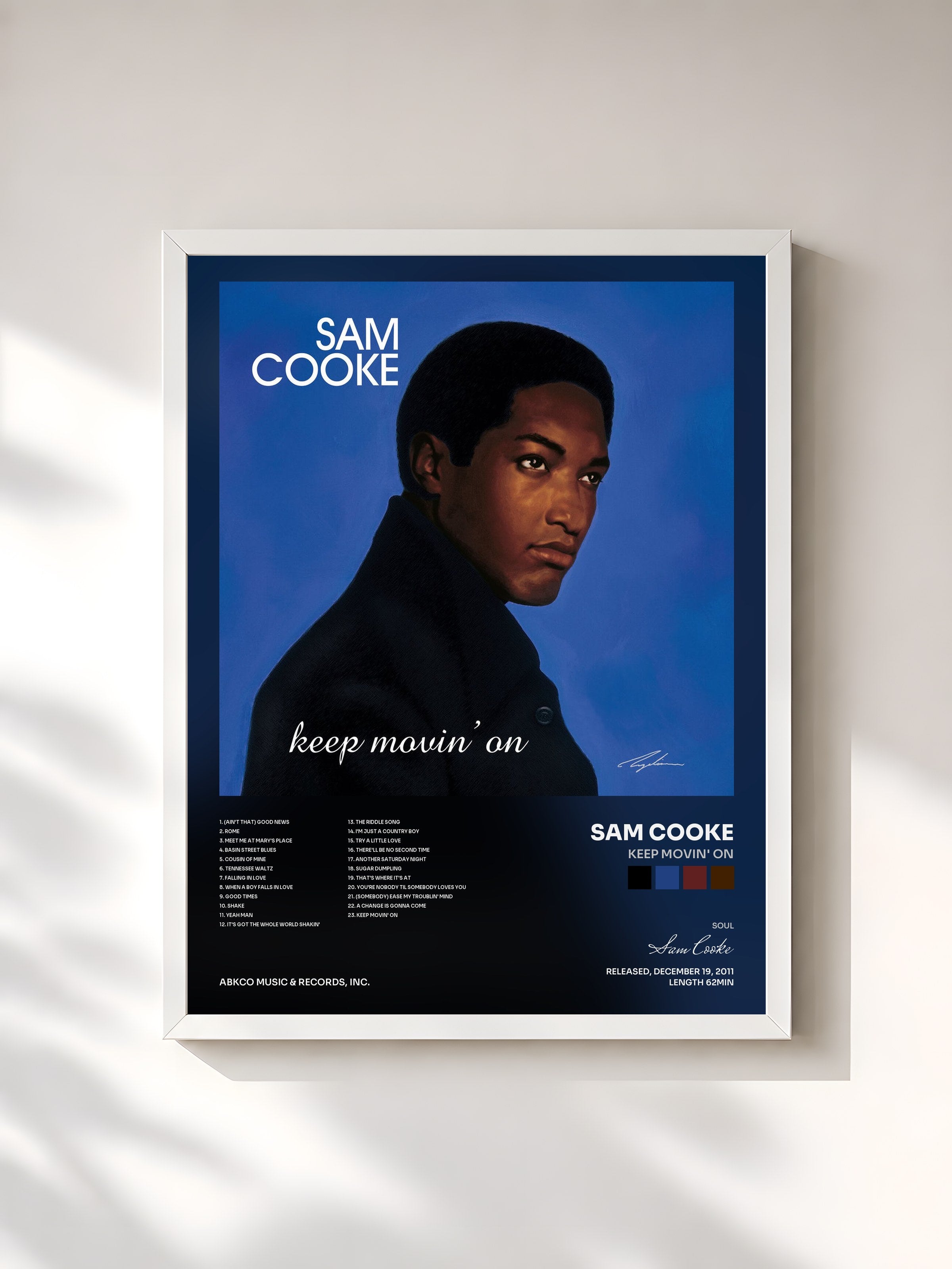 #blanc Tableau de l'album Keep Movin' On de Sam Cooke, cadre blanc, imprimé et encadré en France