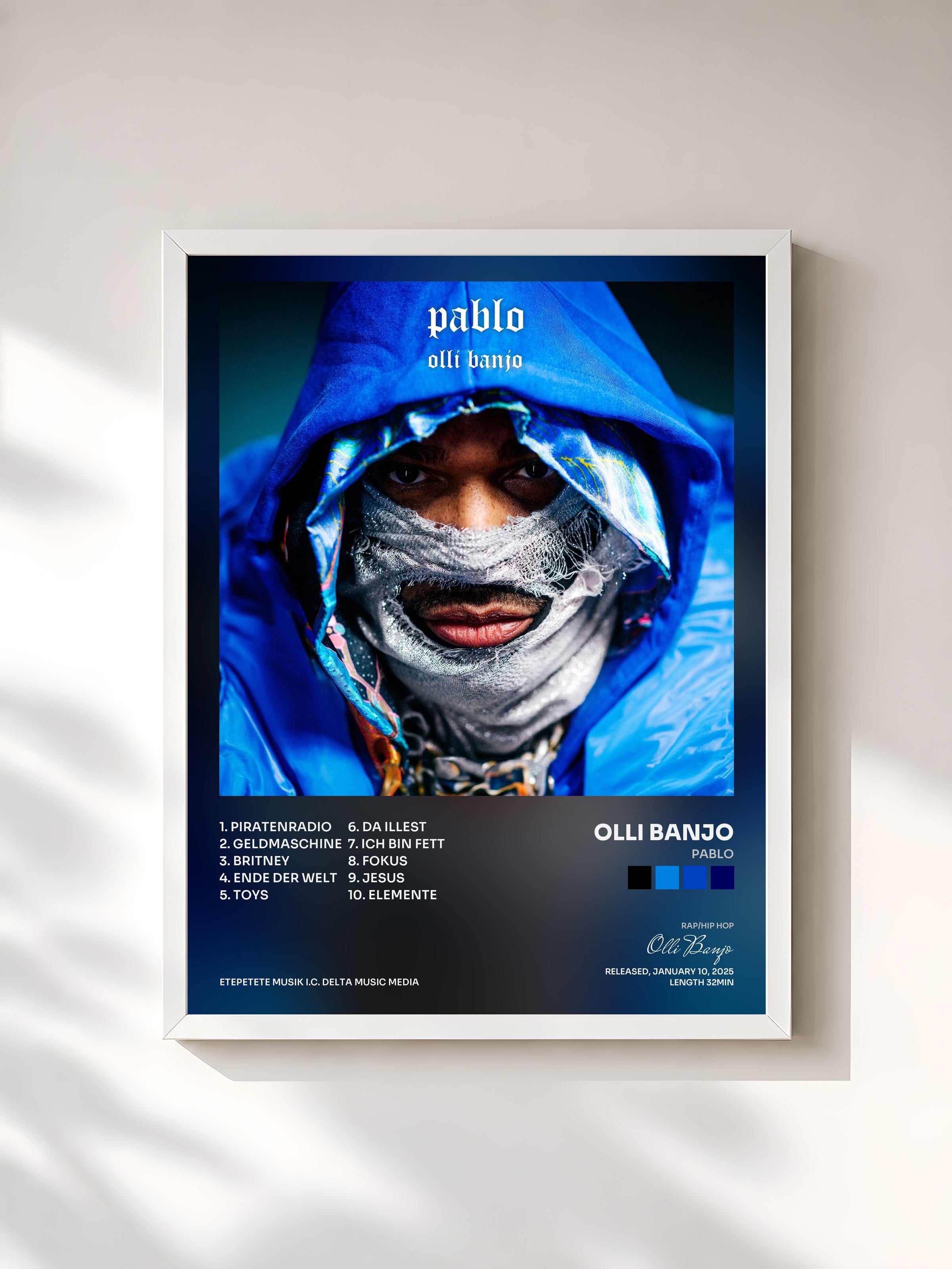 #blanc Tableau de l'album PABLO de Olli Banjo, cadre blanc, imprimé et encadré en France