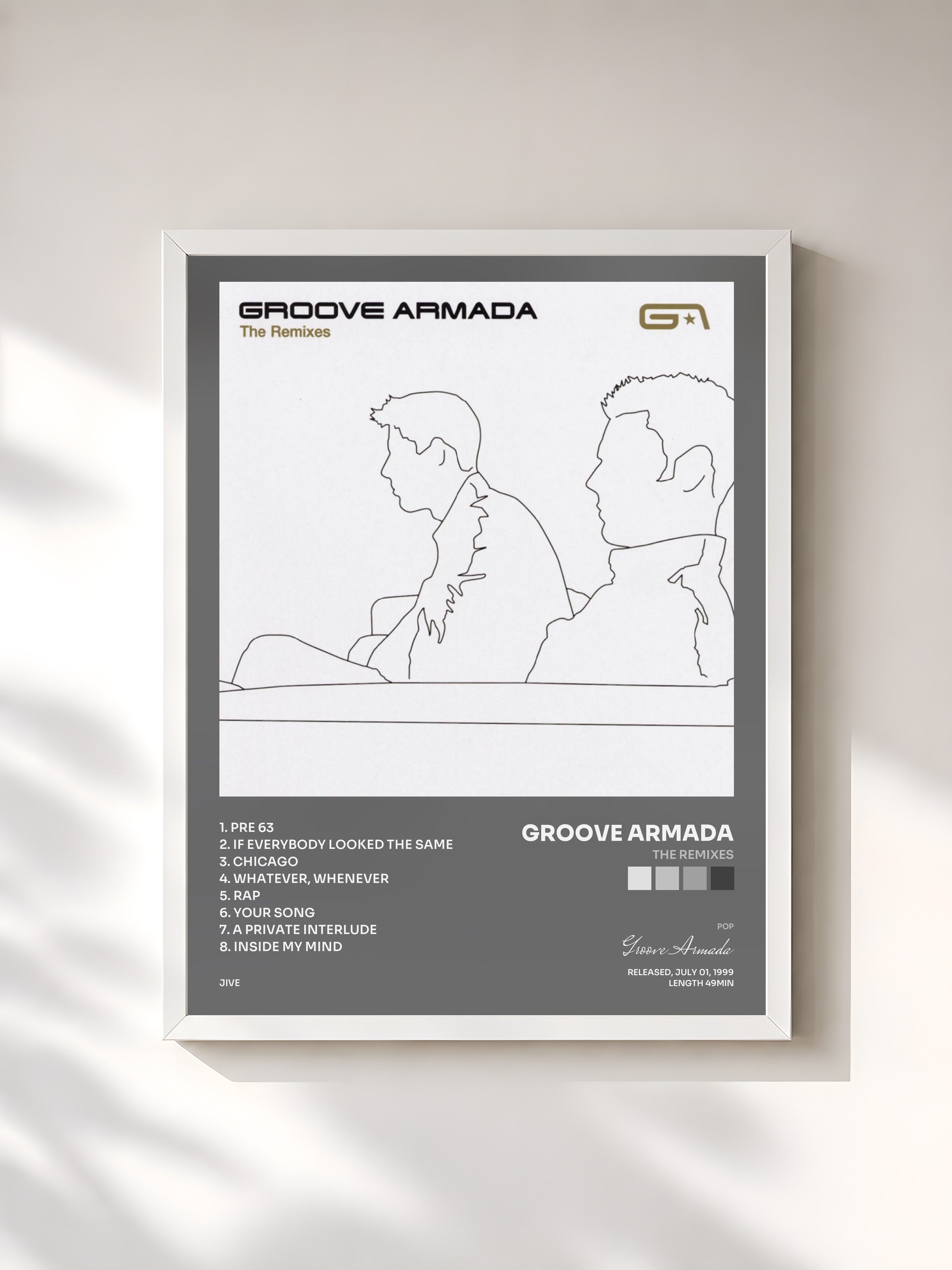 #blanc Tableau de l'album The Remixes de Groove Armada, cadre blanc, imprimé et encadré en France