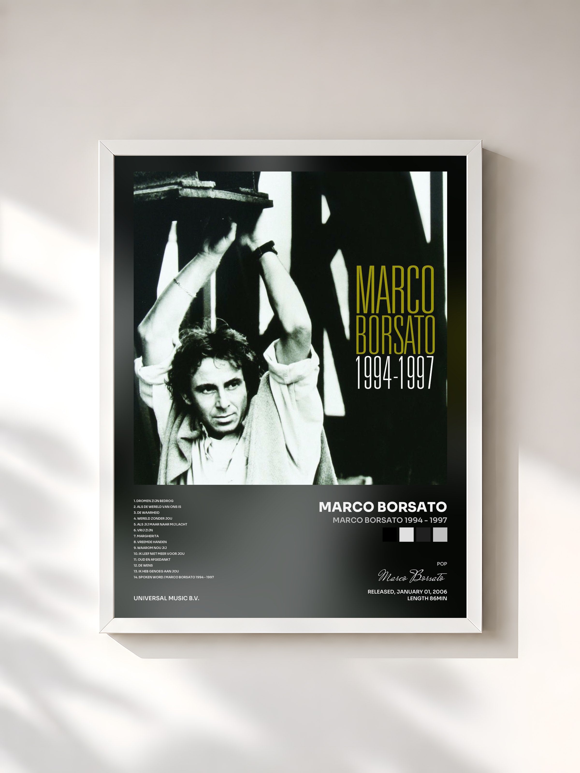 #blanc Tableau de l'album Marco Borsato 1994 - 1997 de Marco Borsato, cadre blanc, imprimé et encadré en France