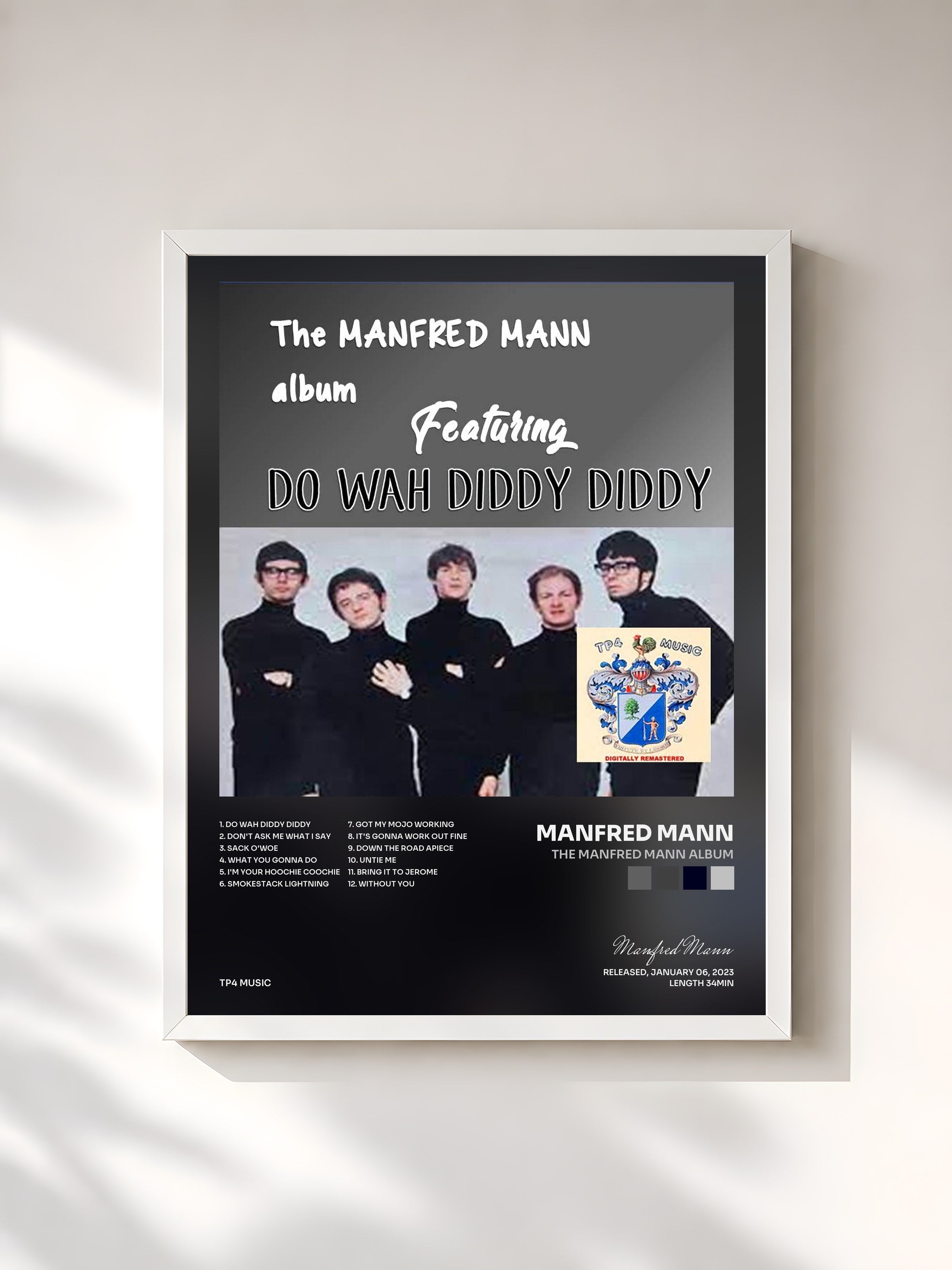 #blanc Tableau de l'album The Manfred Mann Album de Manfred Mann, cadre blanc, imprimé et encadré en France