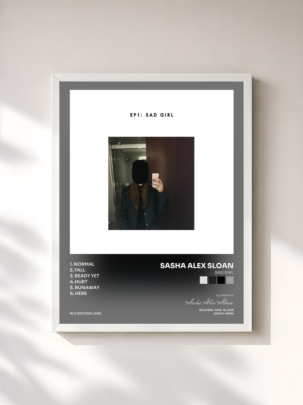 #blanc Tableau de l'album sad girl de Sasha Alex Sloan, cadre blanc, imprimé et encadré en France