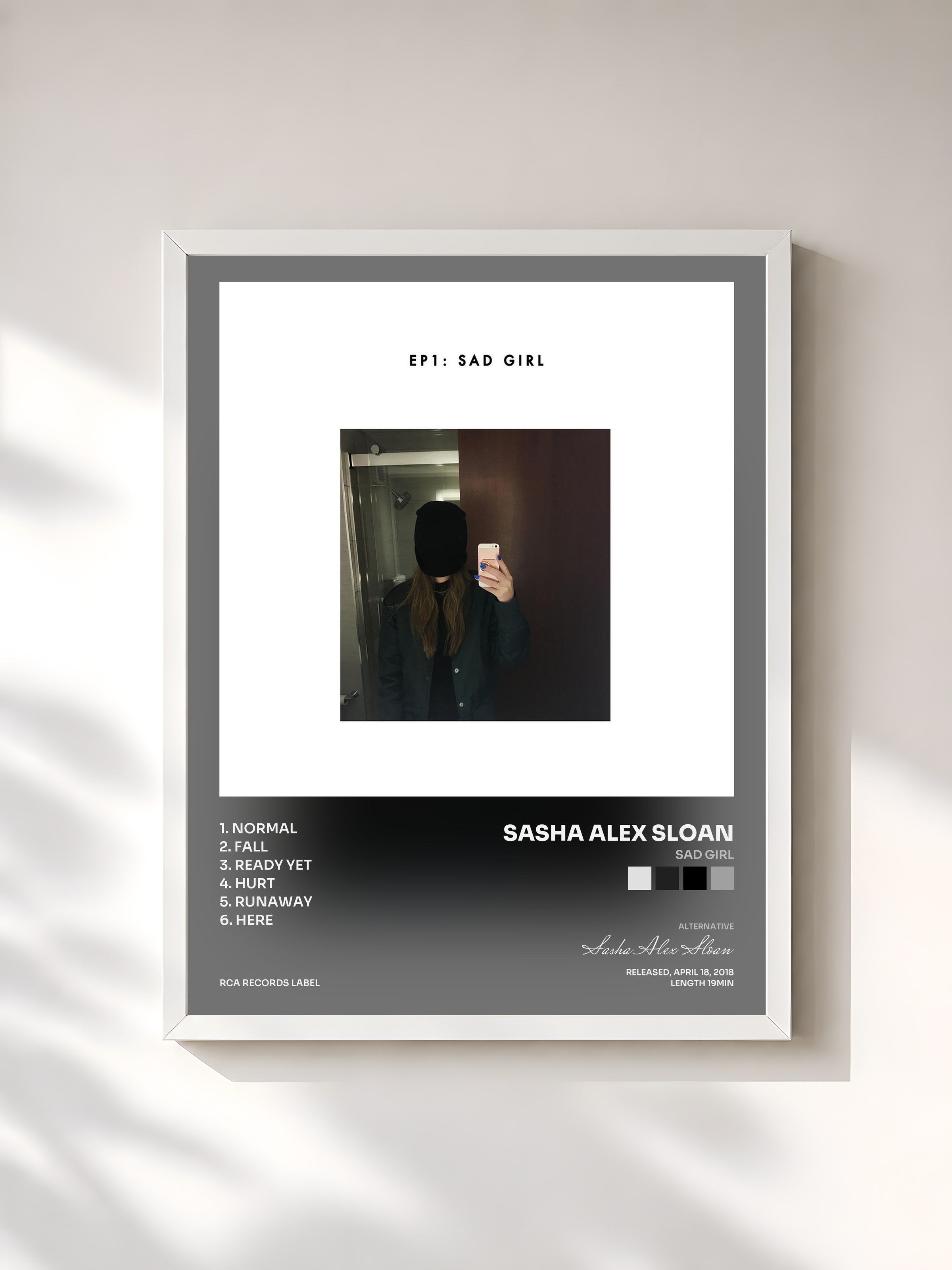 #blanc Tableau de l'album sad girl de Sasha Alex Sloan, cadre blanc, imprimé et encadré en France