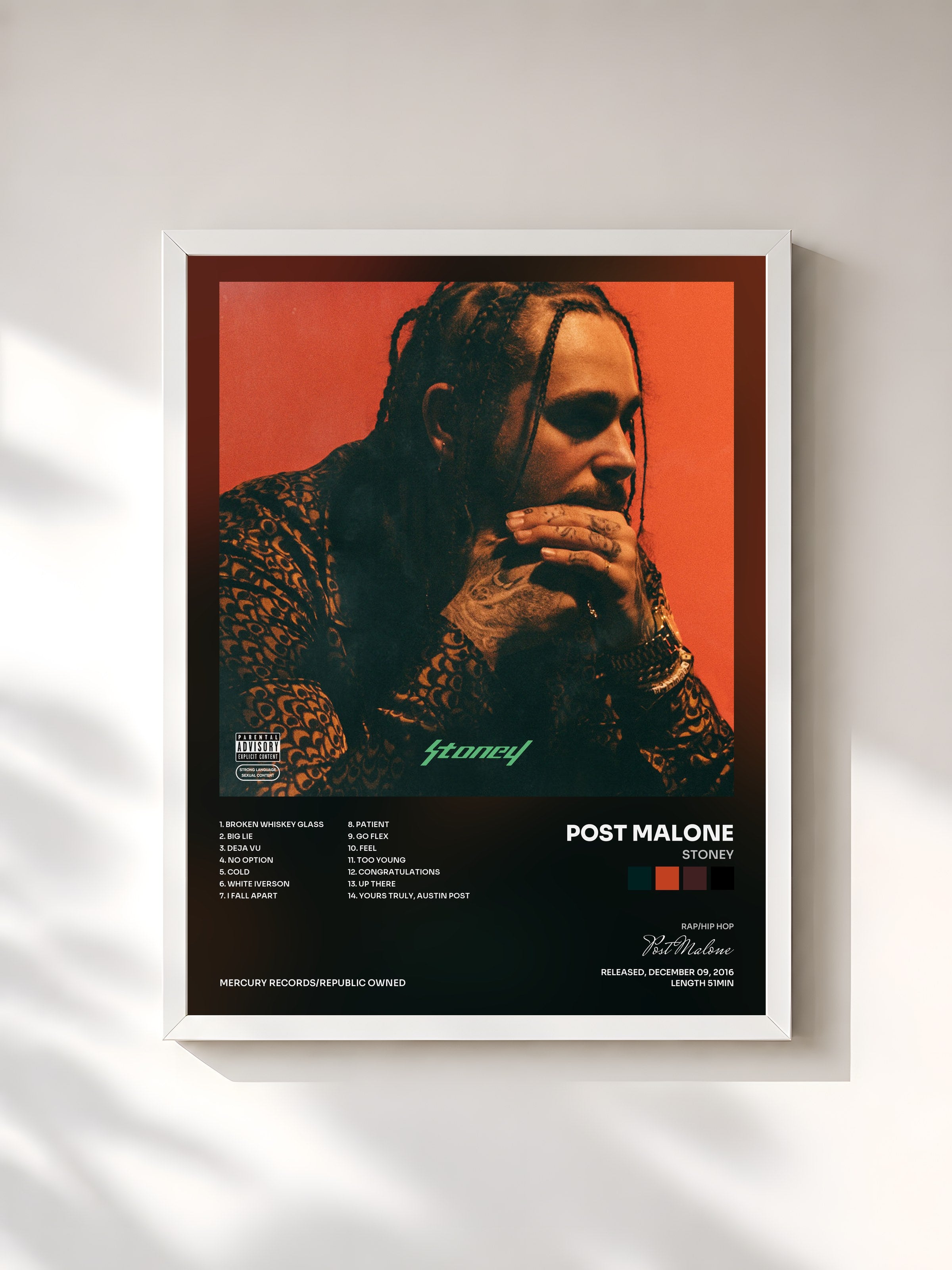 #blanc Tableau de l'album Stoney de Post Malone, cadre blanc, imprimé et encadré en France