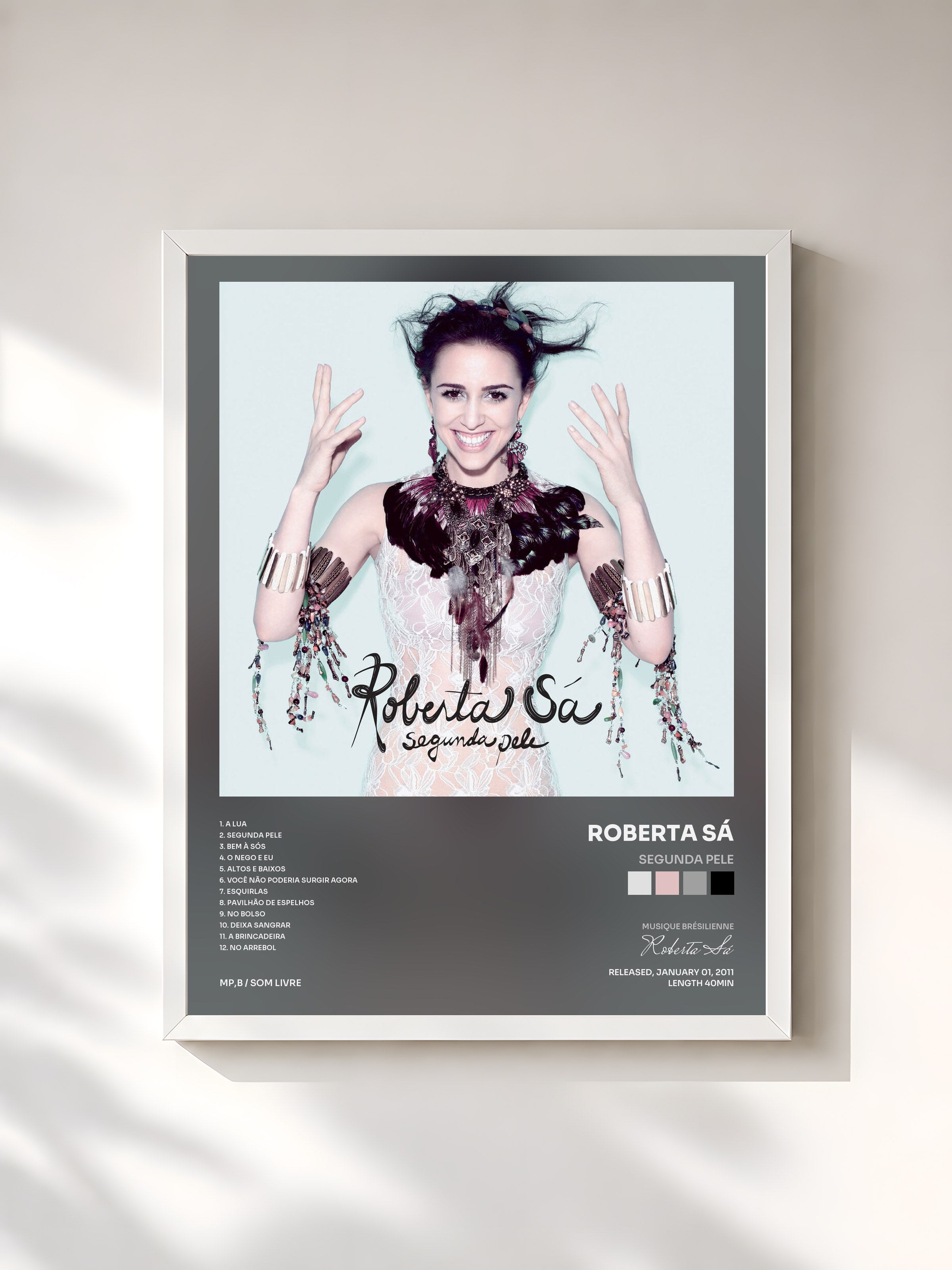 #blanc Tableau de l'album Segunda Pele de Roberta Sá, cadre blanc, imprimé et encadré en France