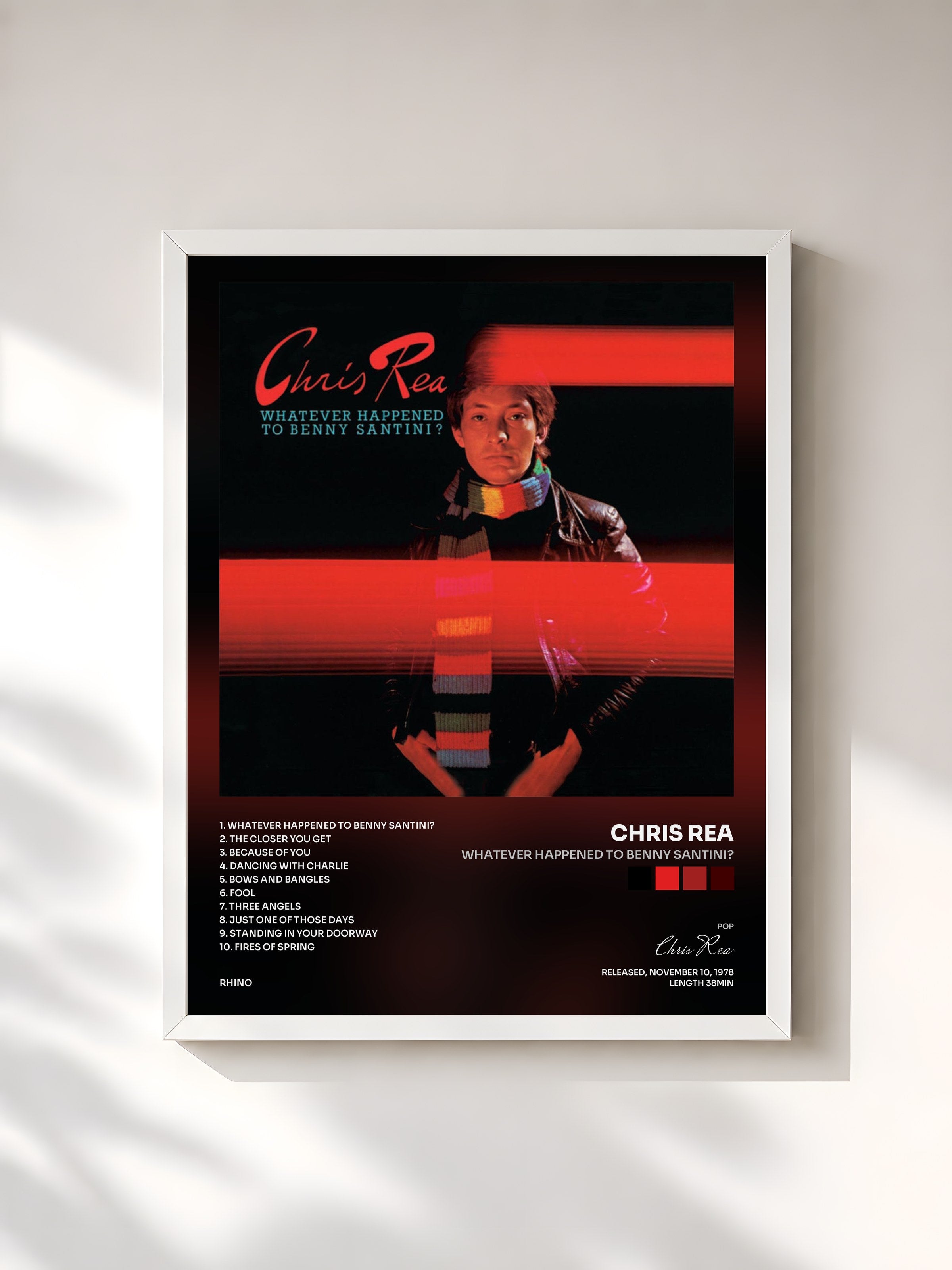 #blanc Tableau de l'album Whatever Happened to Benny Santini? de Chris Rea, cadre blanc, imprimé et encadré en France