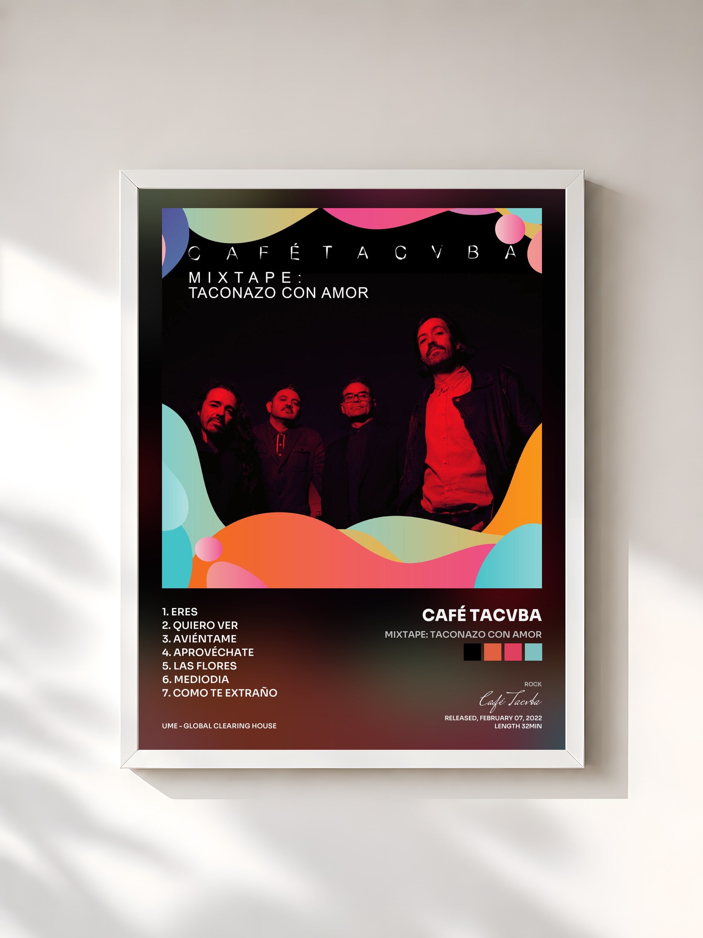 #blanc Tableau de l'album Mixtape: Taconazo Con Amor de Café Tacvba, cadre blanc, imprimé et encadré en France