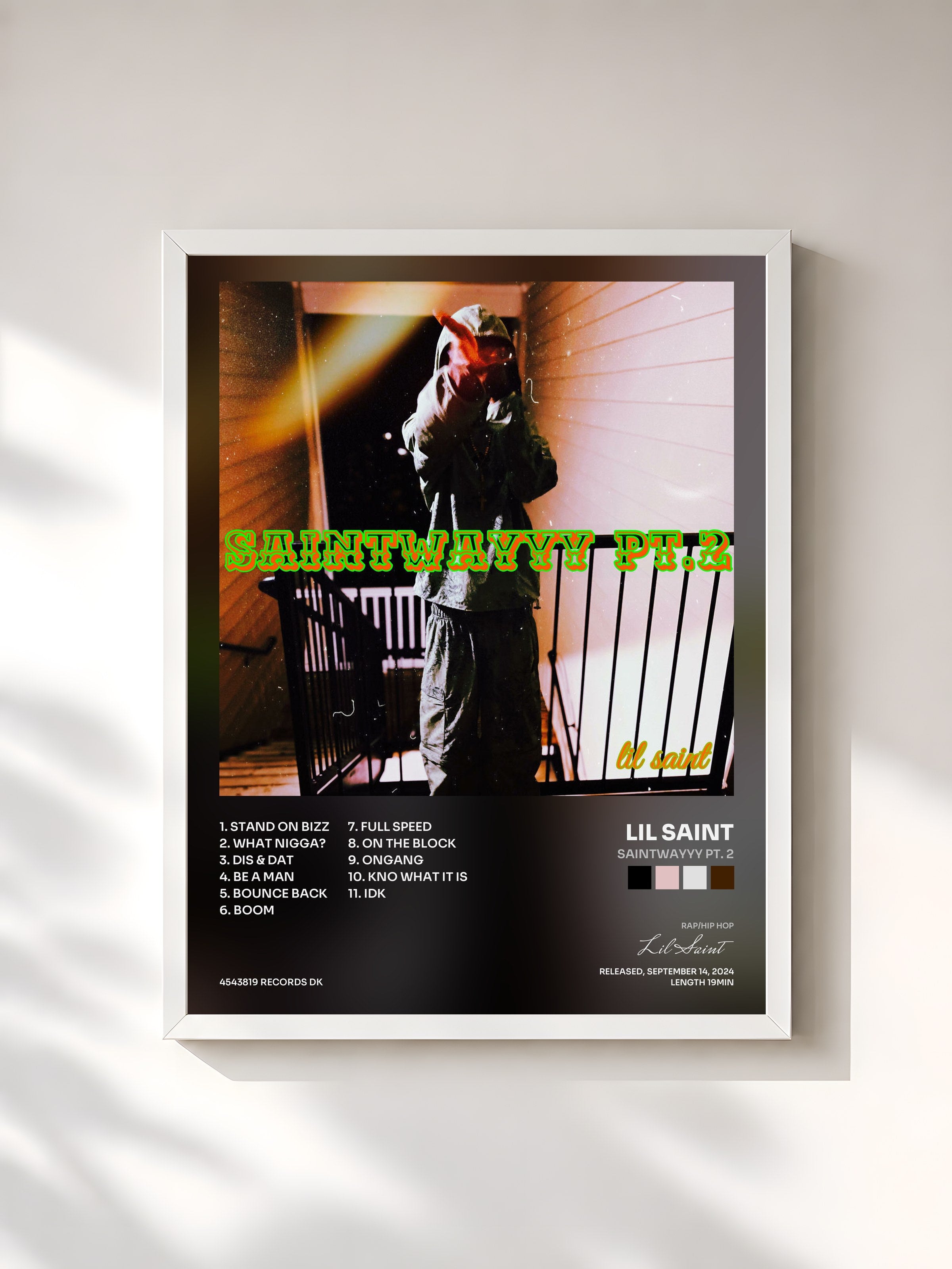 #blanc Tableau de l'album SaintWayyy Pt. 2 de Lil Saint, cadre blanc, imprimé et encadré en France
