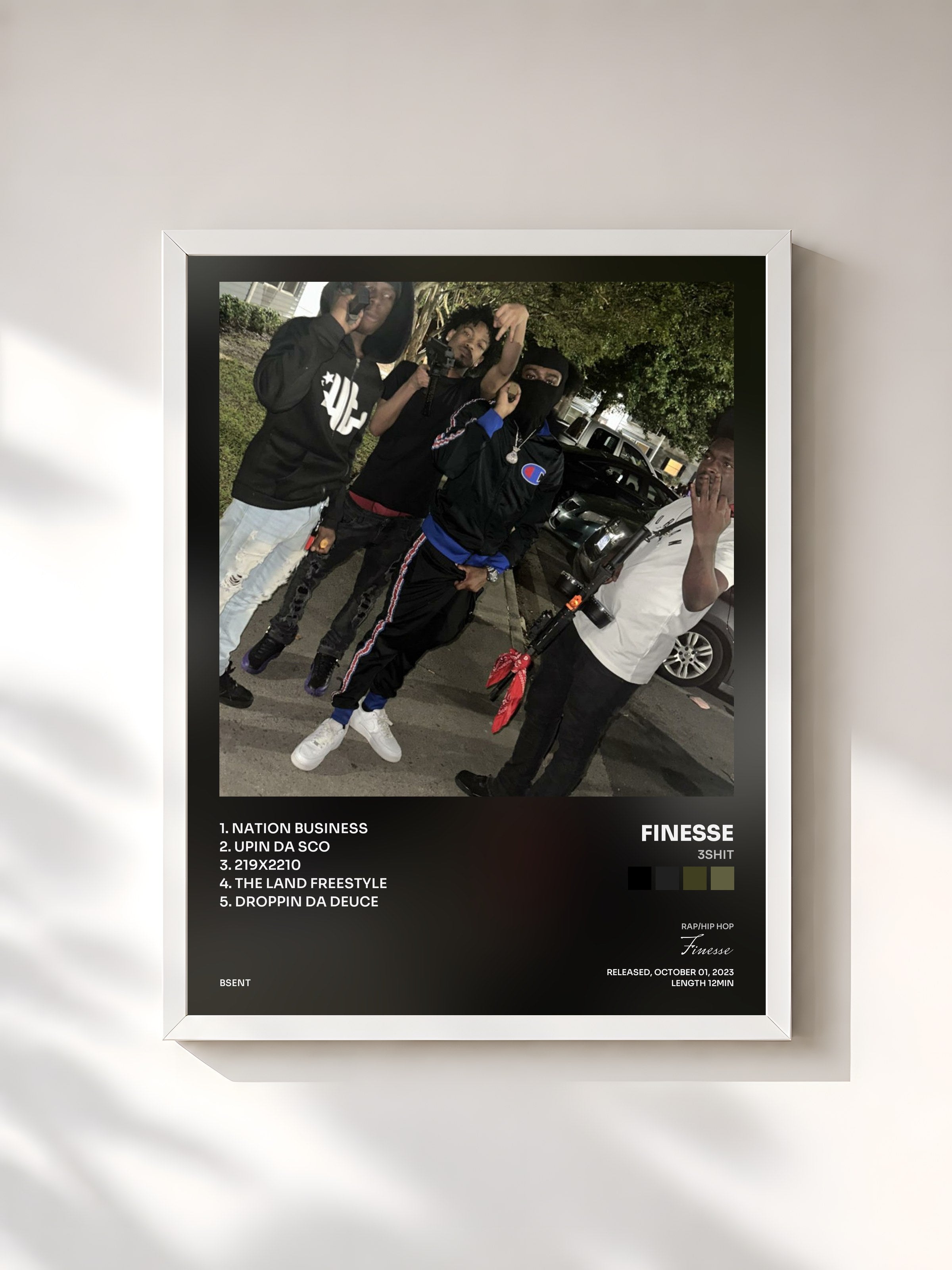 #blanc Tableau de l'album 3SHIT de Finesse, cadre blanc, imprimé et encadré en France