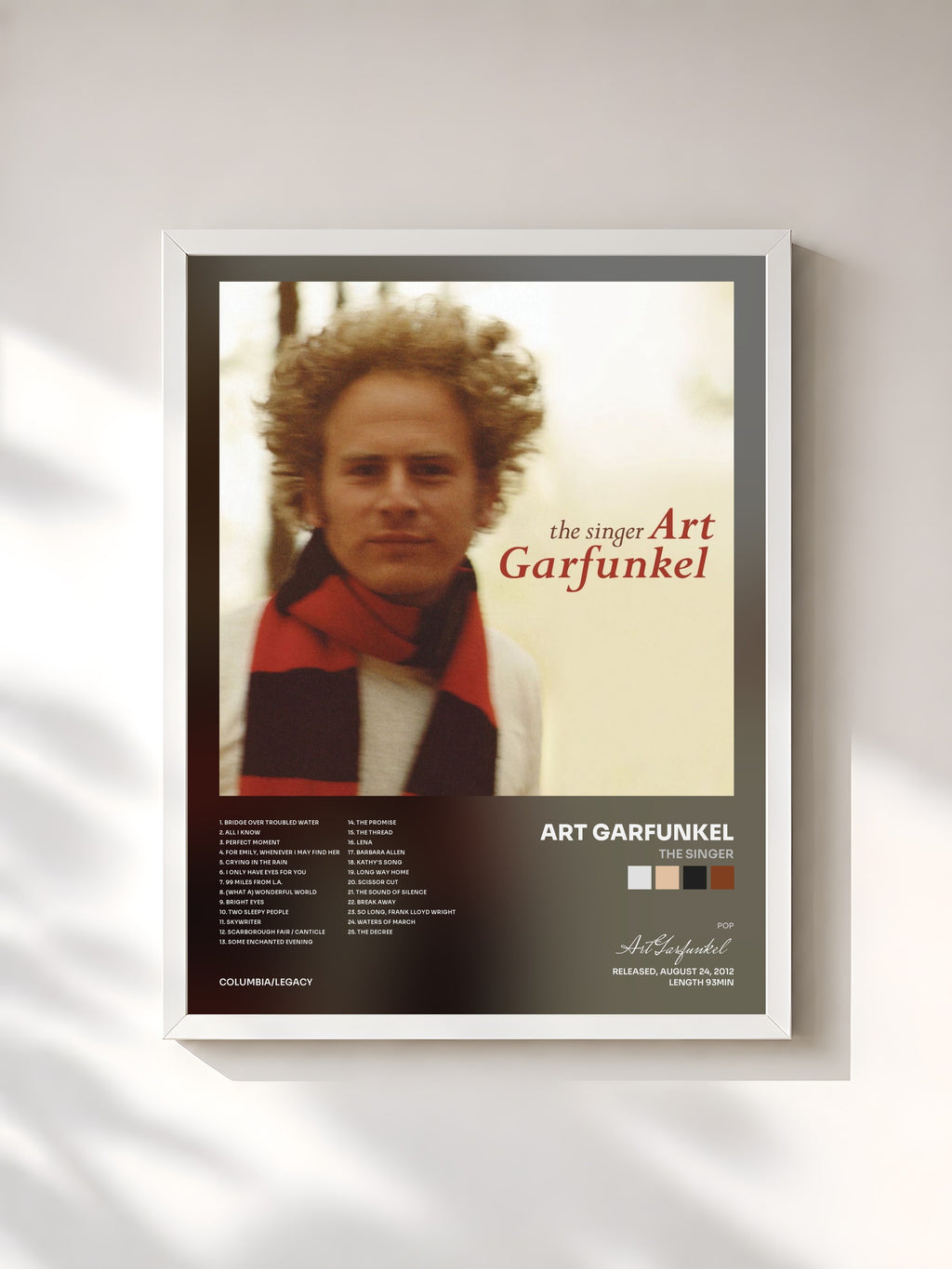 #blanc Tableau de l'album The Singer de Art Garfunkel, cadre blanc, imprimé et encadré en France