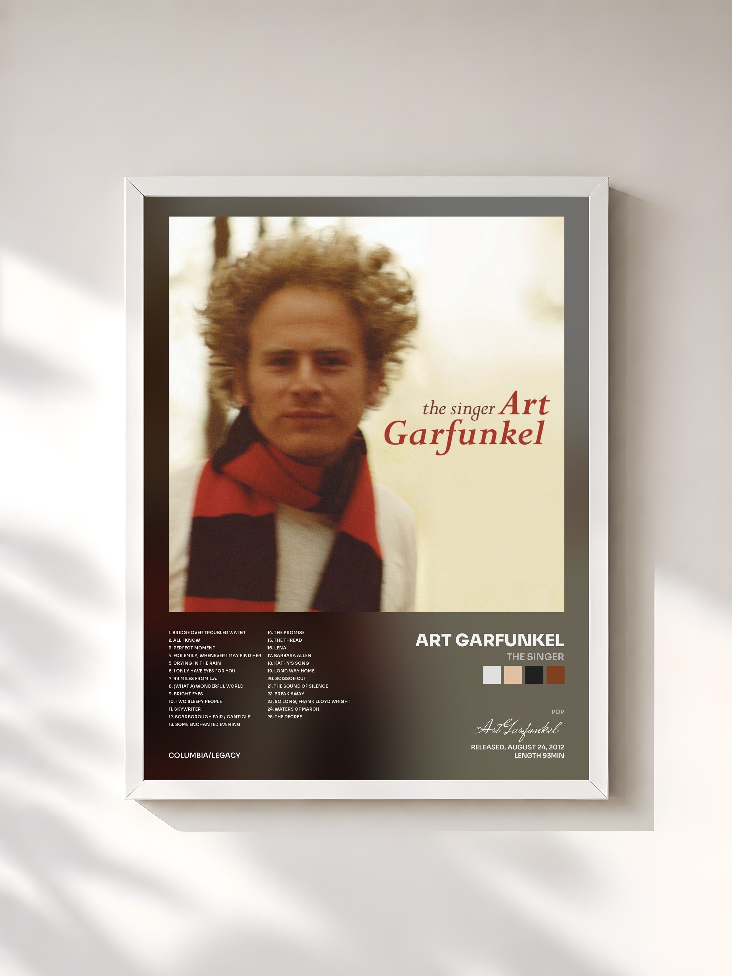 #blanc Tableau de l'album The Singer de Art Garfunkel, cadre blanc, imprimé et encadré en France