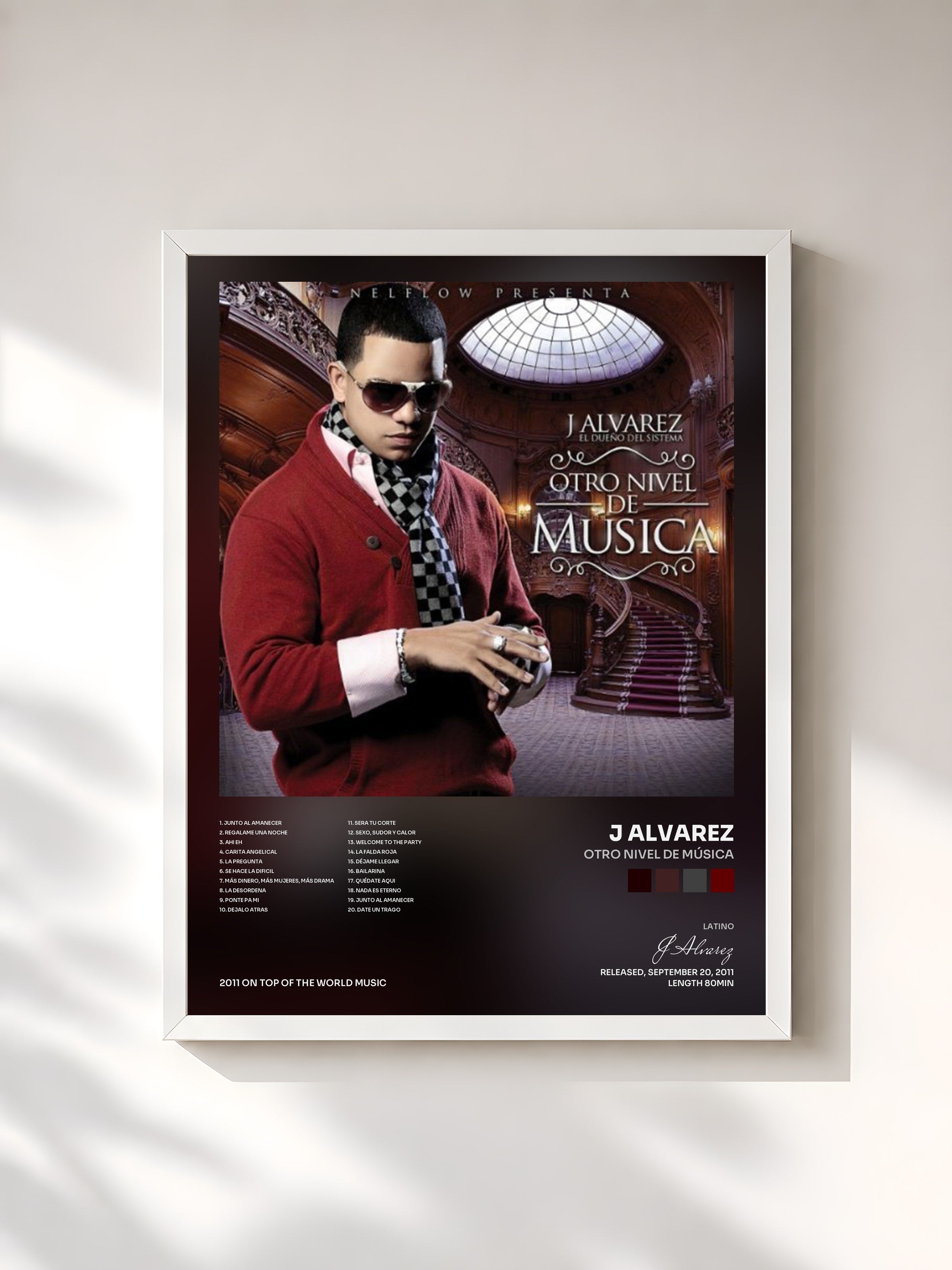 #blanc Tableau de l'album Otro Nivel de Música de J Alvarez, cadre blanc, imprimé et encadré en France