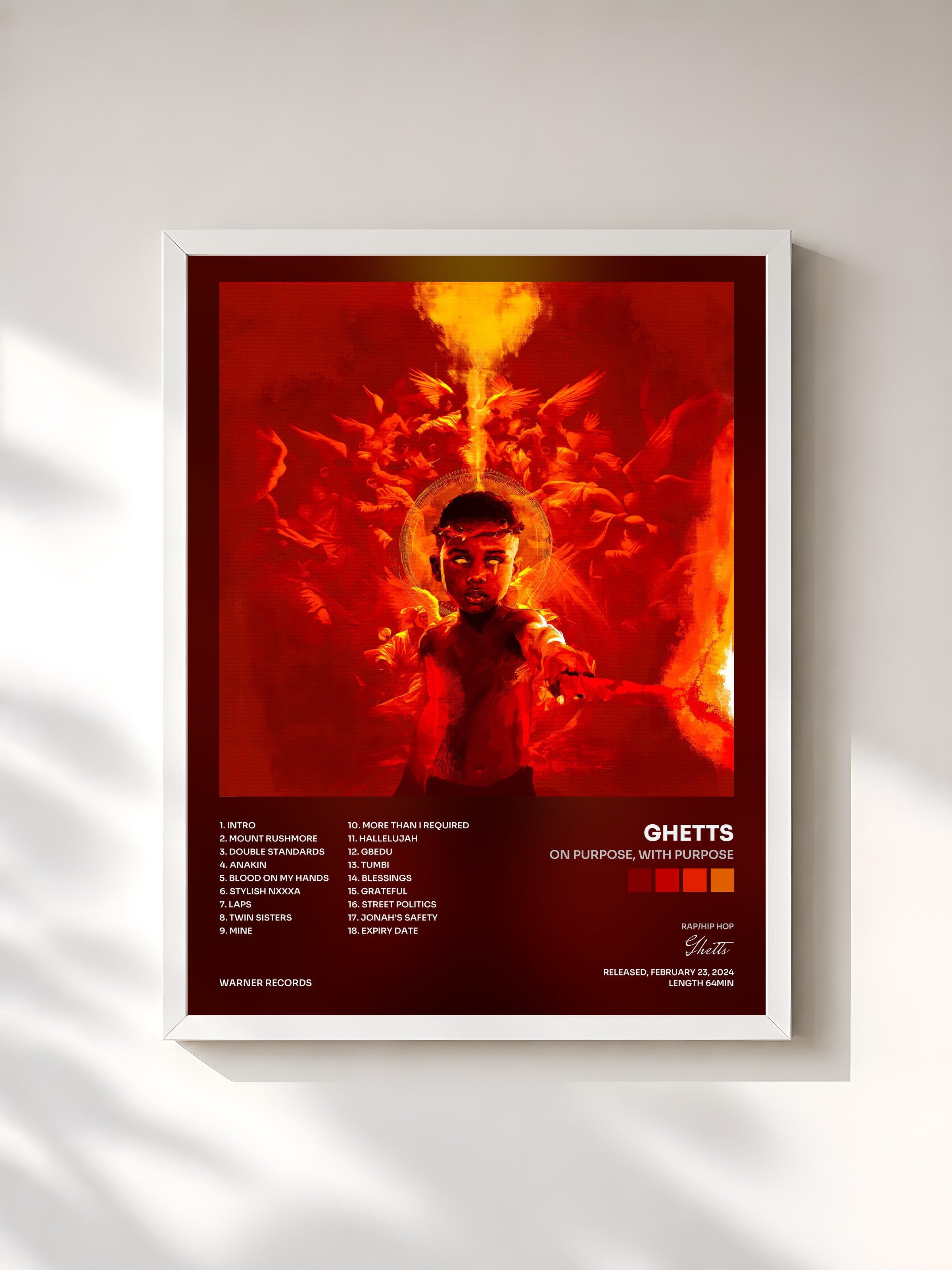 #blanc Tableau de l'album On Purpose, With Purpose de Ghetts, cadre blanc, imprimé et encadré en France