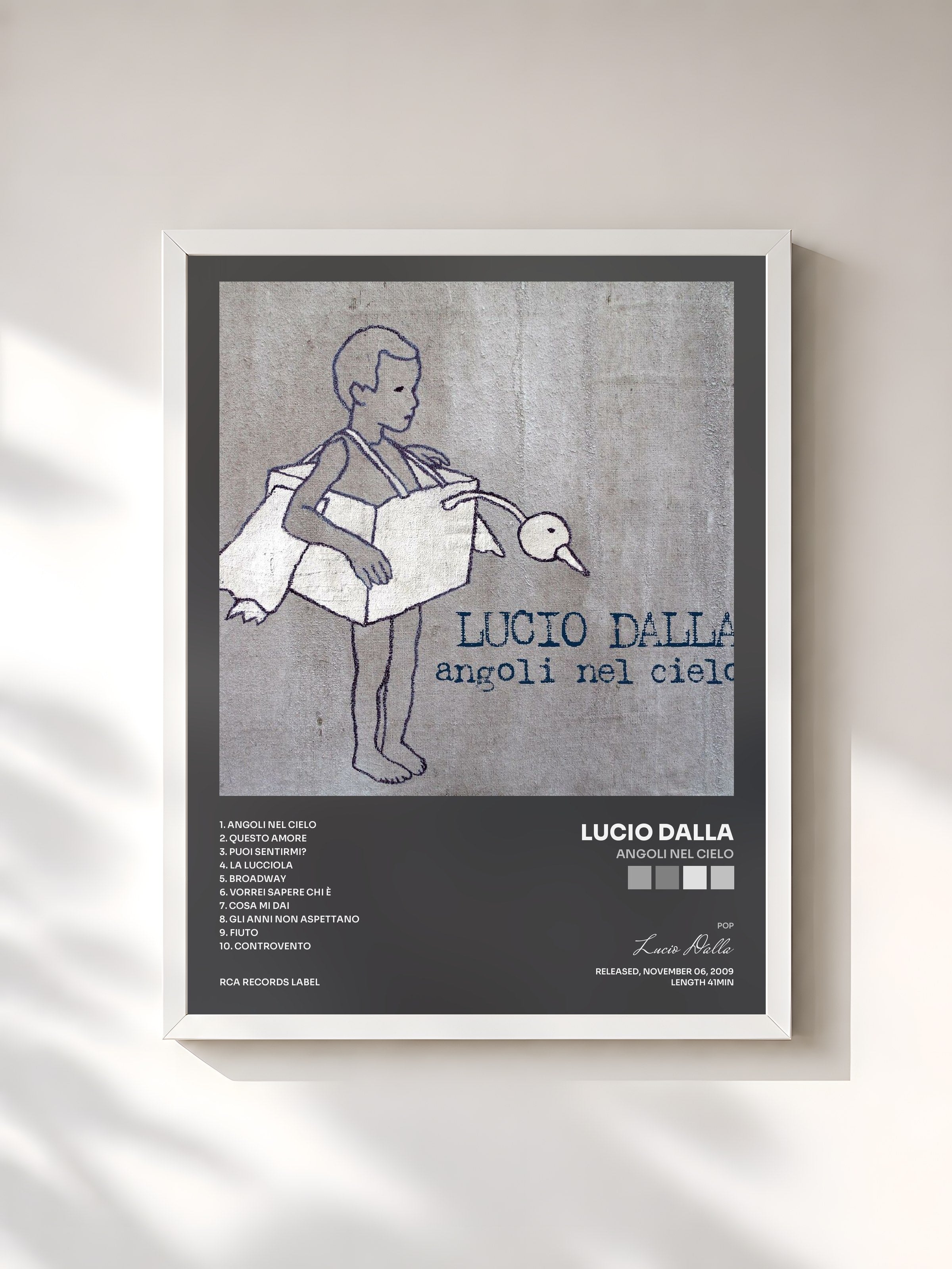 #blanc Tableau de l'album Angoli Nel Cielo de Lucio Dalla, cadre blanc, imprimé et encadré en France
