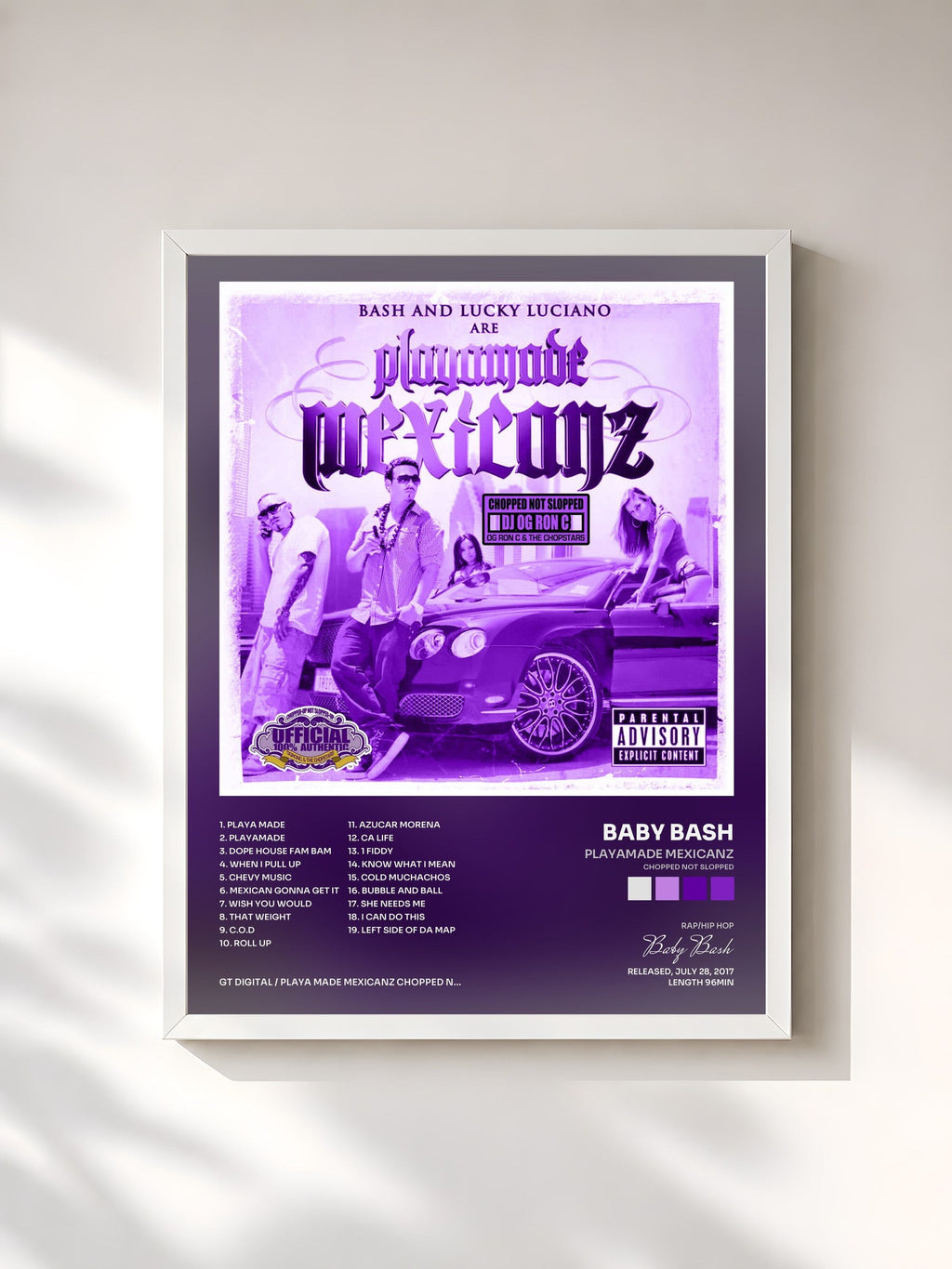 #blanc Playamade Mexicanz (Chopped Not Slopped) von Baby Bash als gerahmter Kunstdruck, weißer Rahmen, gedruckt und gerahmt in Frankreich