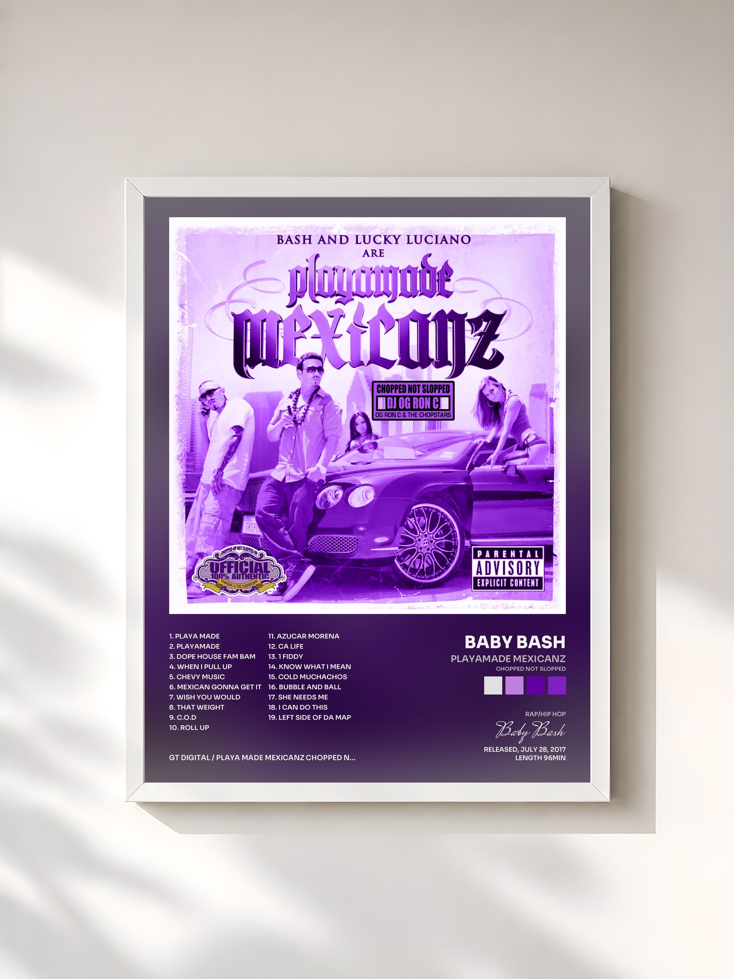 #blanc Tableau de l'album Playamade Mexicanz (Chopped Not Slopped) de Baby Bash, cadre blanc, imprimé et encadré en France