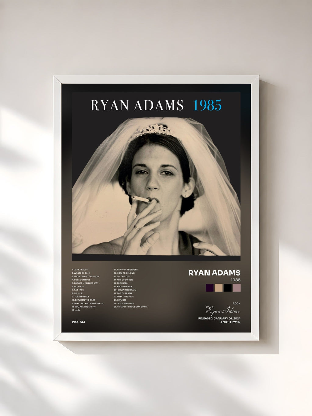 #blanc Tableau de l'album 1985 de Ryan Adams, cadre blanc, imprimé et encadré en France