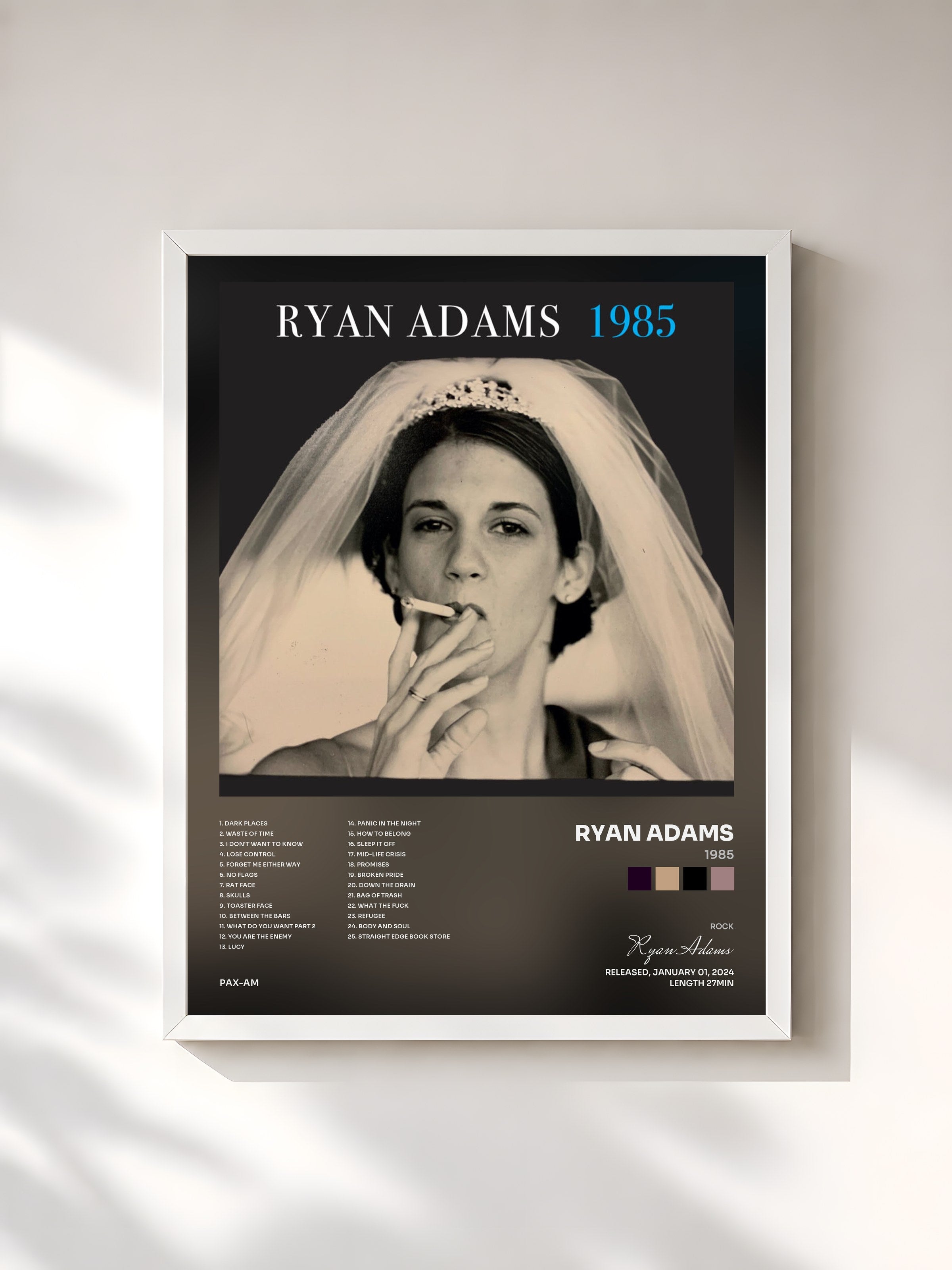 #blanc Tableau de l'album 1985 de Ryan Adams, cadre blanc, imprimé et encadré en France