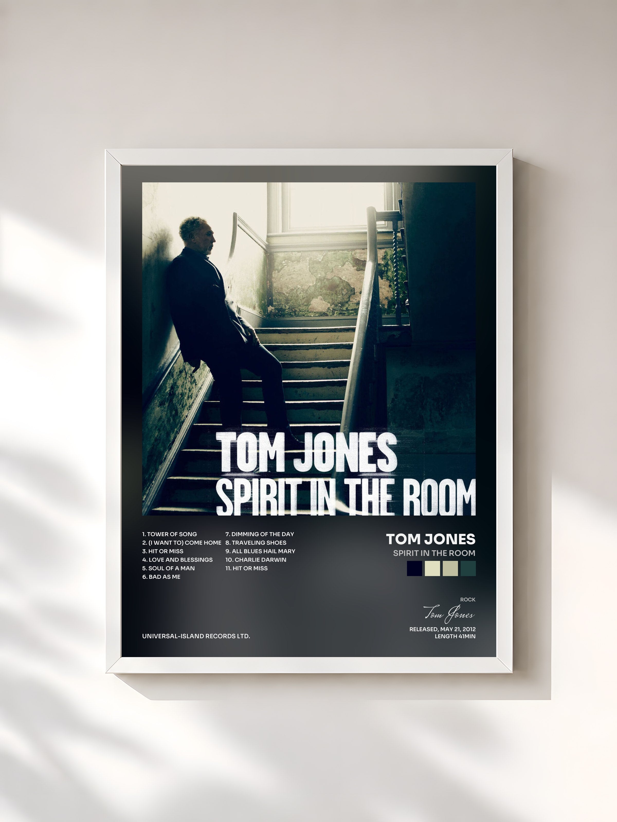 #blanc Tableau de l'album Spirit In The Room de Tom Jones, cadre blanc, imprimé et encadré en France