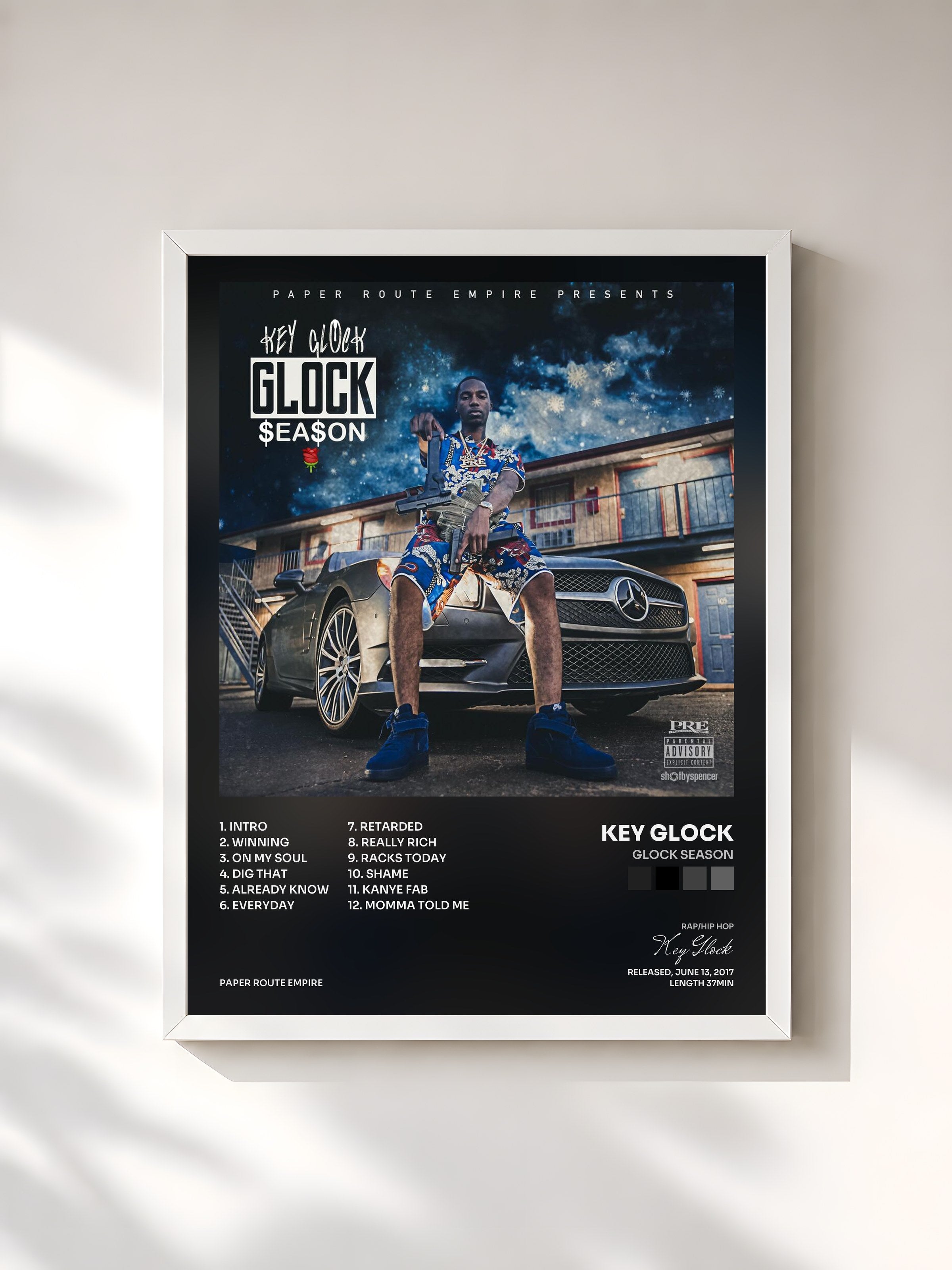 #blanc Tableau de l'album Glock Season de Key Glock, cadre blanc, imprimé et encadré en France