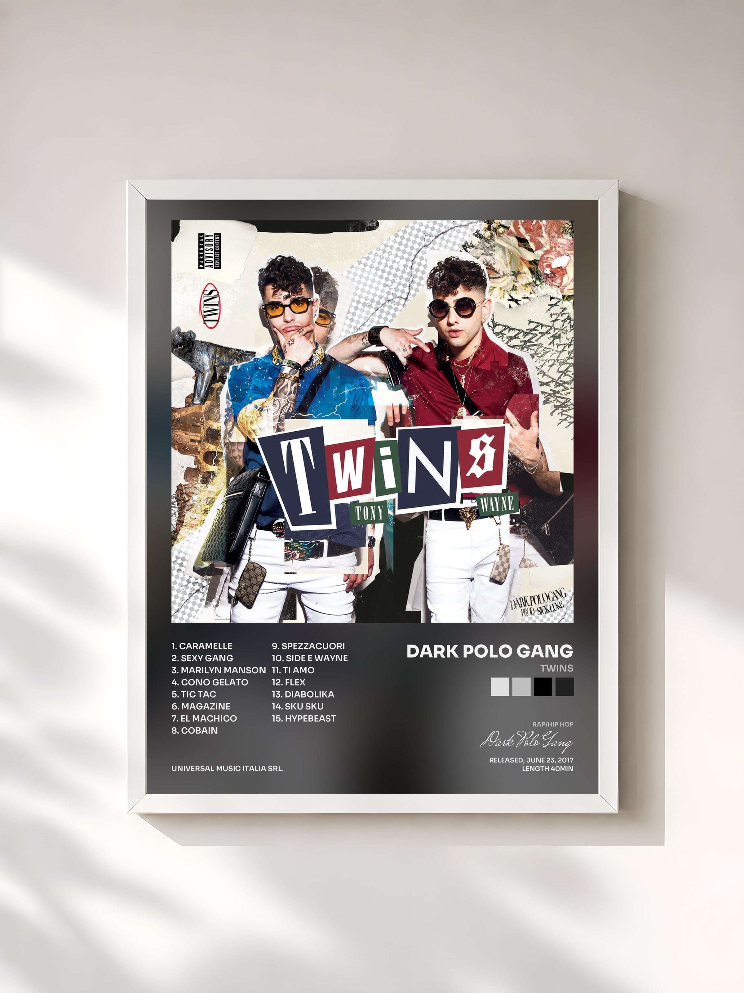 #blanc Tableau de l'album Twins de Dark Polo Gang, cadre blanc, imprimé et encadré en France
