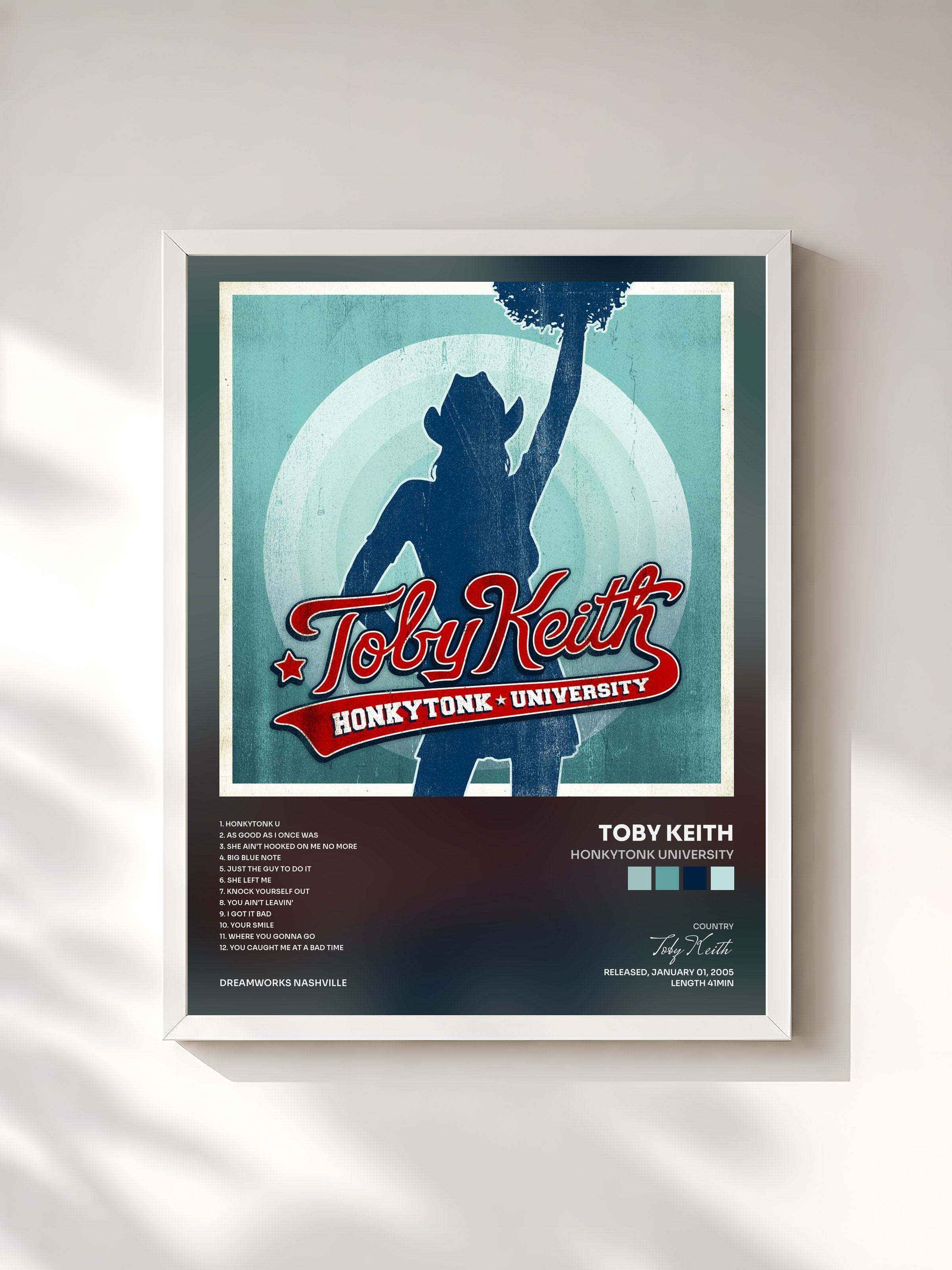 #blanc Tableau de l'album Honkytonk University de Toby Keith, cadre blanc, imprimé et encadré en France