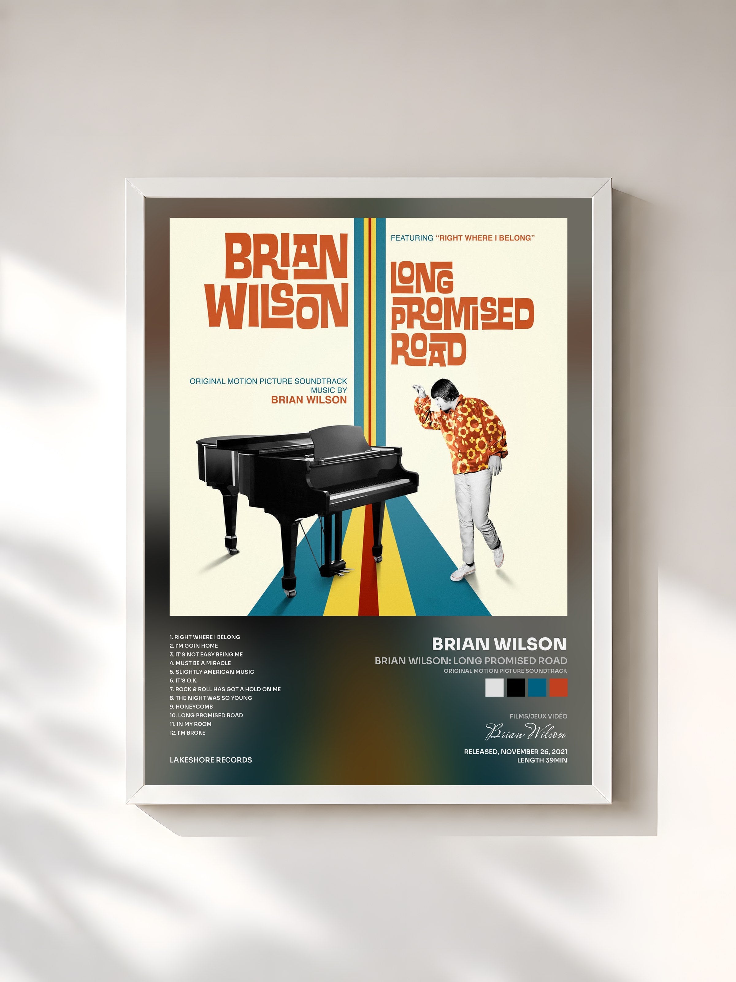 #blanc Tableau de l'album Brian Wilson: Long Promised Road (Original Motion Picture Soundtrack) de Brian Wilson, cadre blanc, imprimé et encadré en France