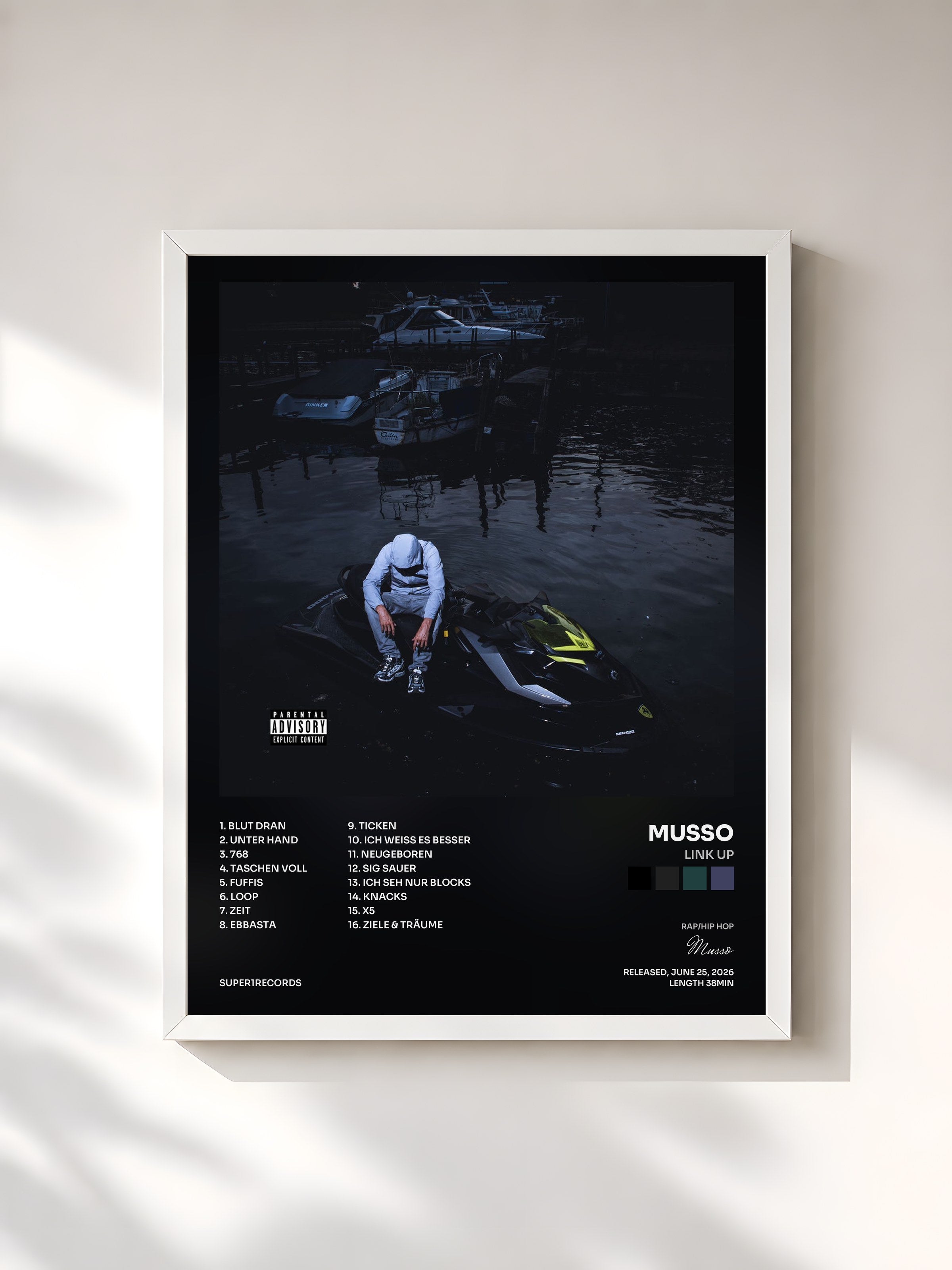 #blanc Tableau de l'album LINK UP de Musso, cadre blanc, imprimé et encadré en France