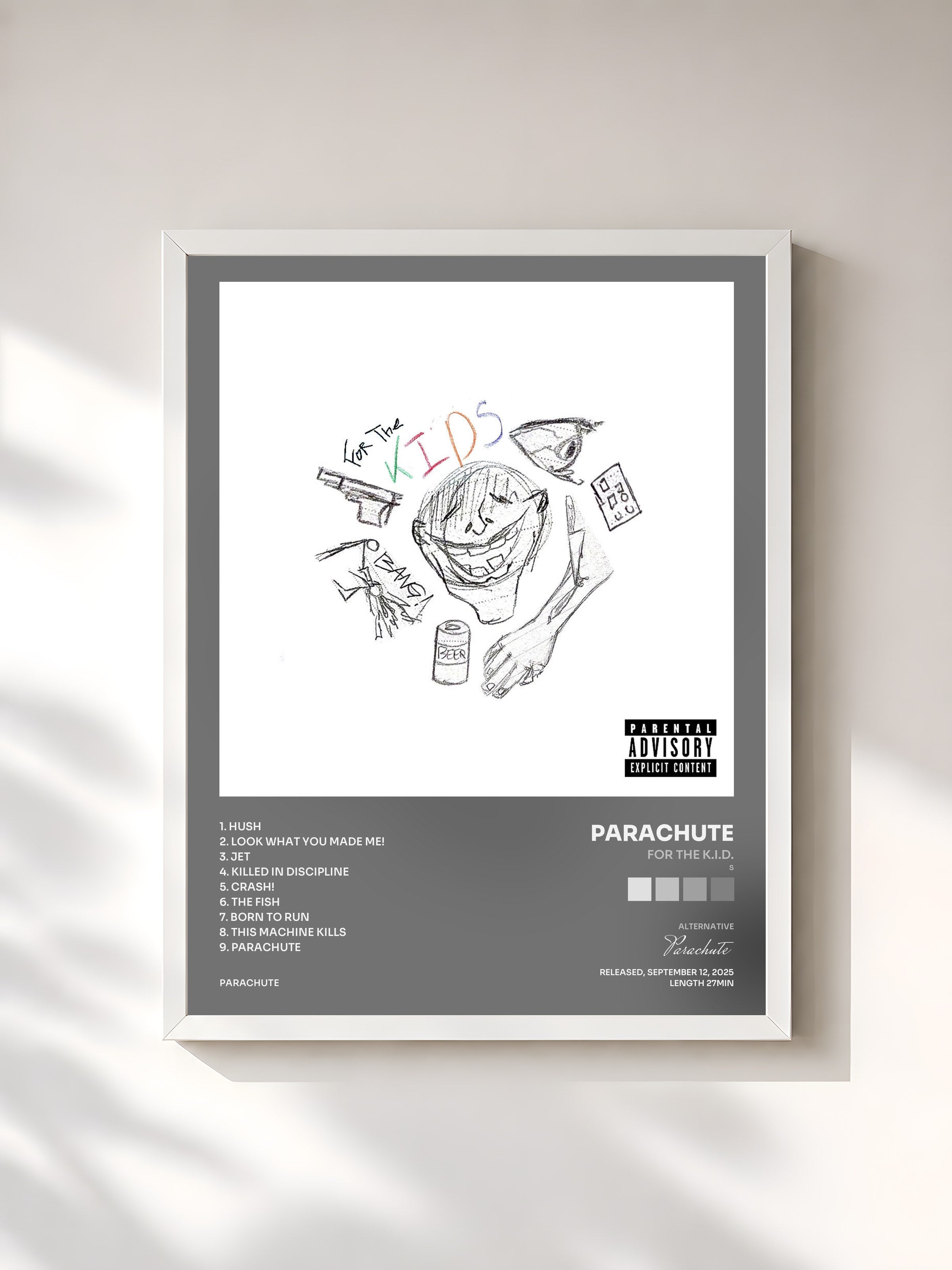 #blanc Tableau de l'album For the K.I.D.(s) de Parachute, cadre blanc, imprimé et encadré en France