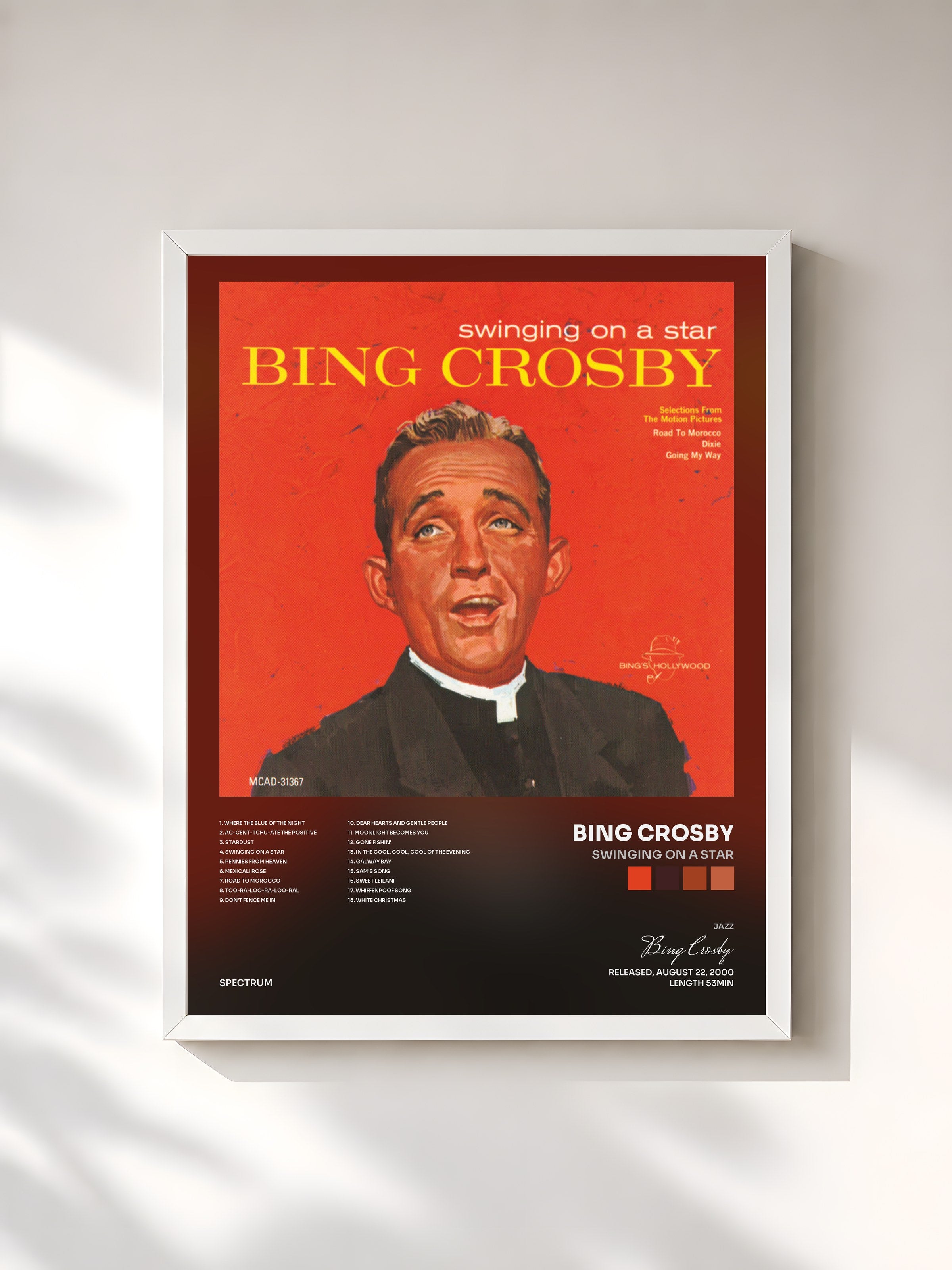 #blanc Tableau de l'album Swinging On A Star de Bing Crosby, cadre blanc, imprimé et encadré en France