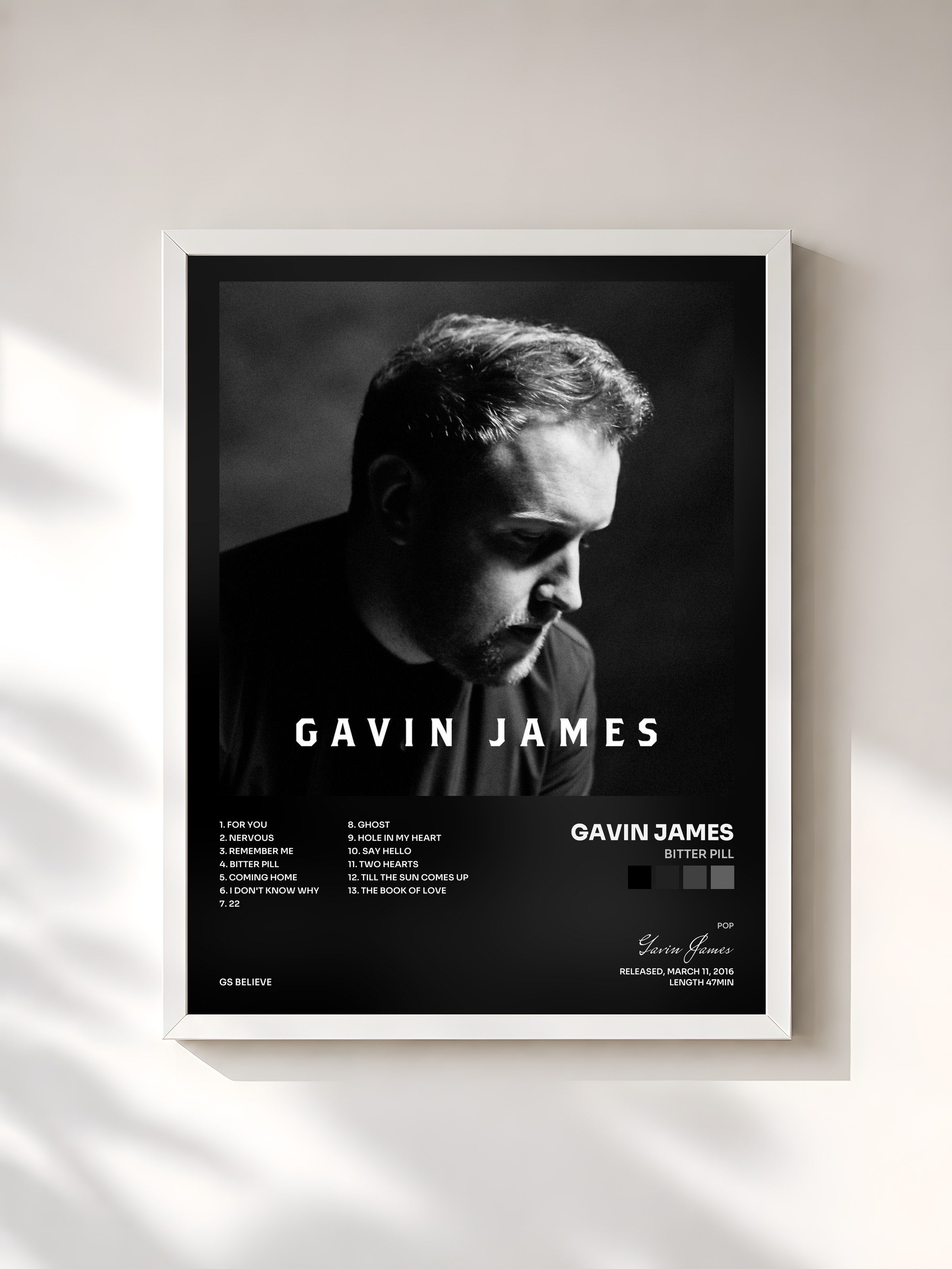 #blanc Tableau de l'album Bitter Pill de Gavin James, cadre blanc, imprimé et encadré en France