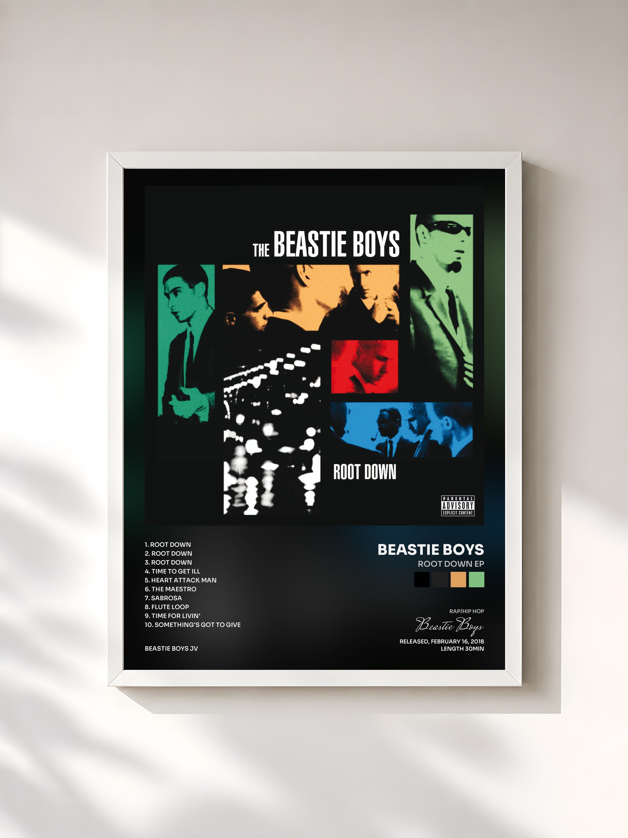 #blanc Tableau de l'album Root Down EP de Beastie Boys, cadre blanc, imprimé et encadré en France