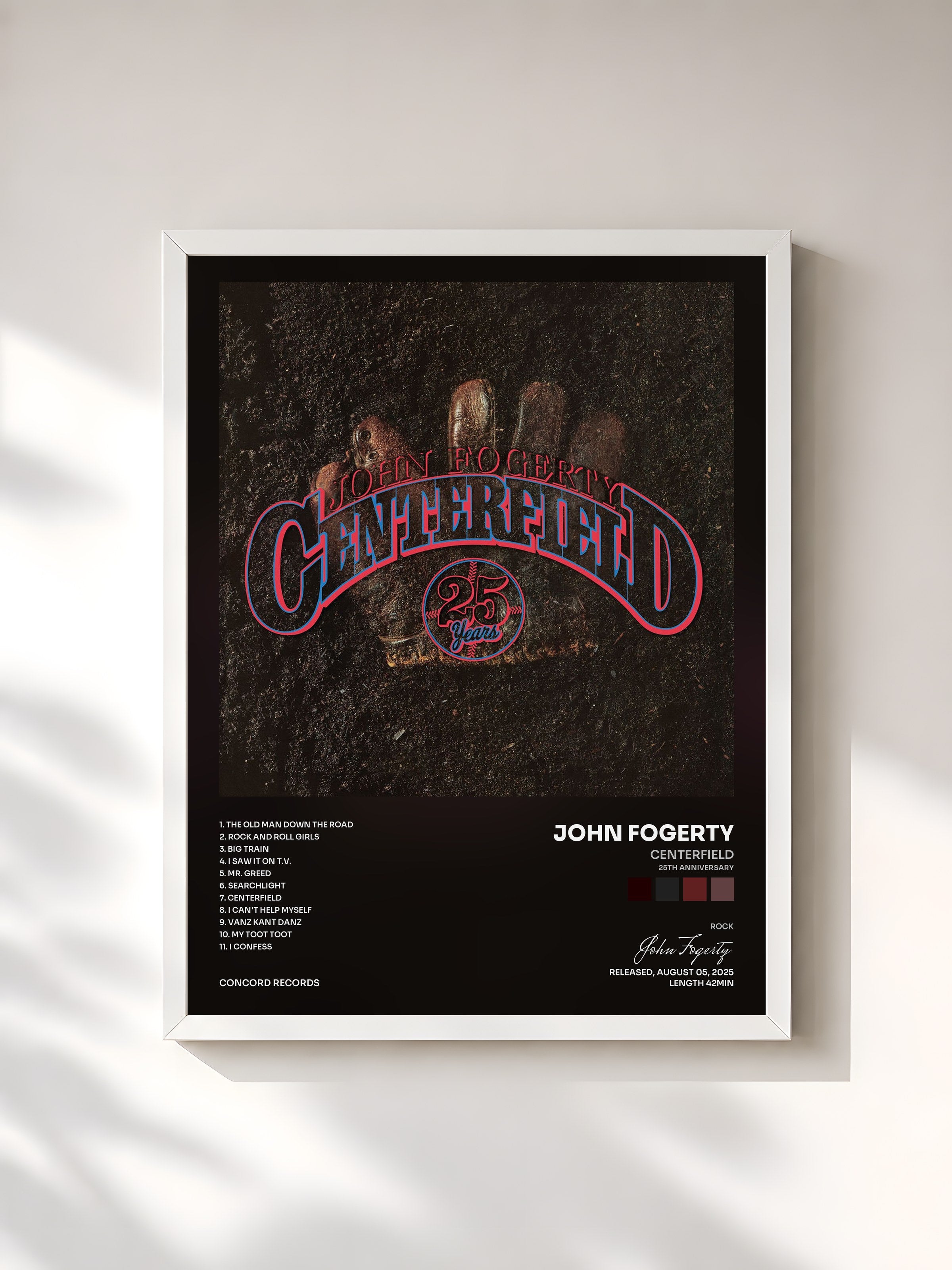 #blanc Tableau de l'album Centerfield (25th Anniversary) de John Fogerty, cadre blanc, imprimé et encadré en France