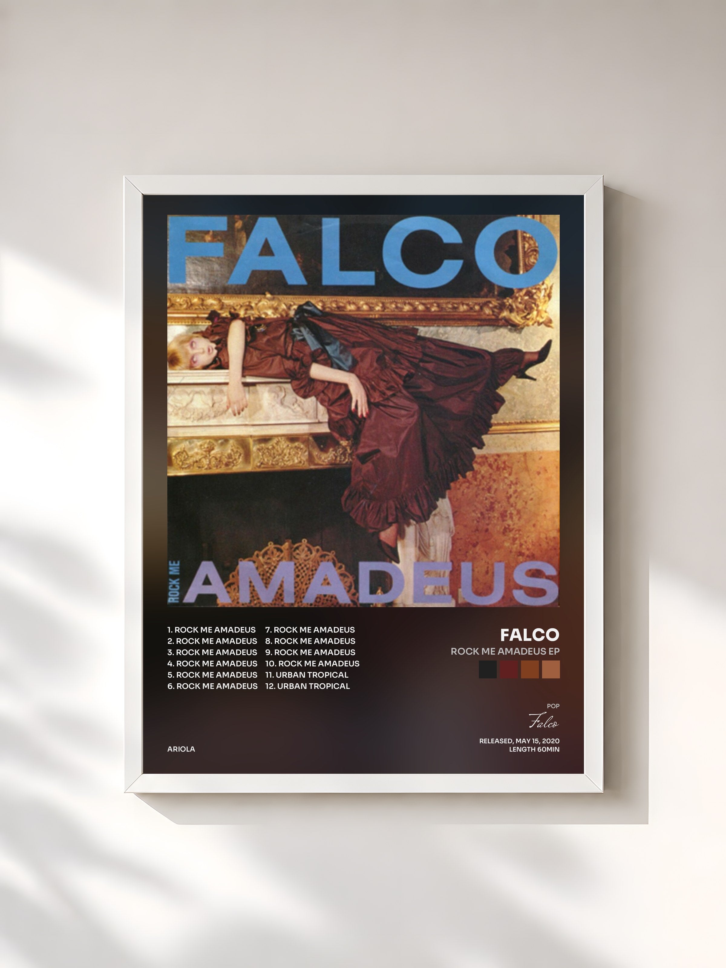 #blanc Tableau de l'album Rock Me Amadeus EP de Falco, cadre blanc, imprimé et encadré en France