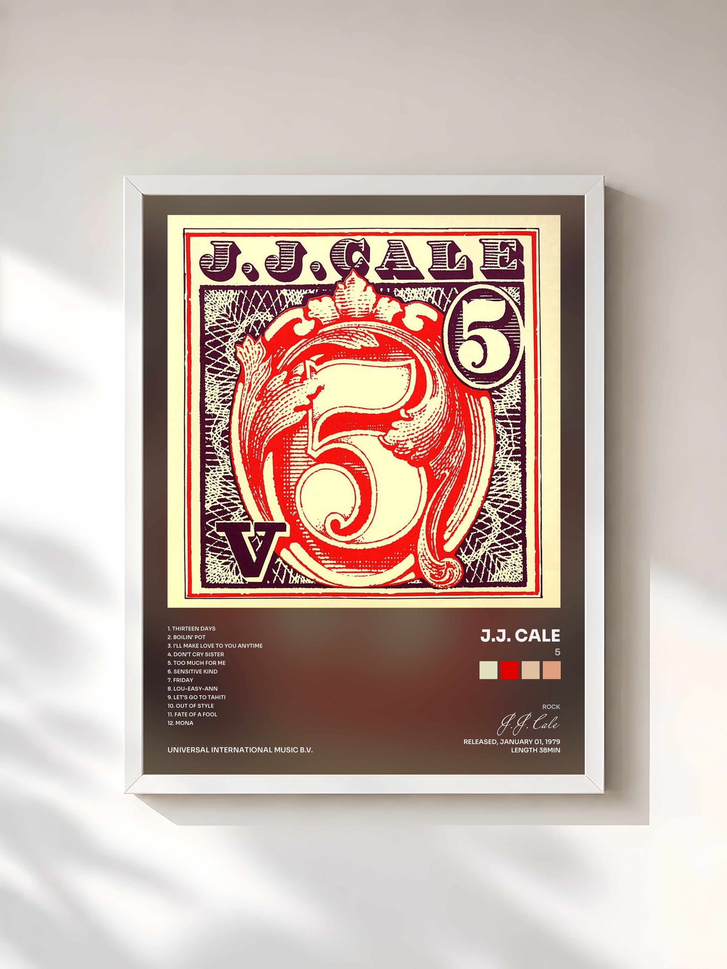 #blanc Tableau de l'album 5 de J.J. Cale, cadre blanc, imprimé et encadré en France