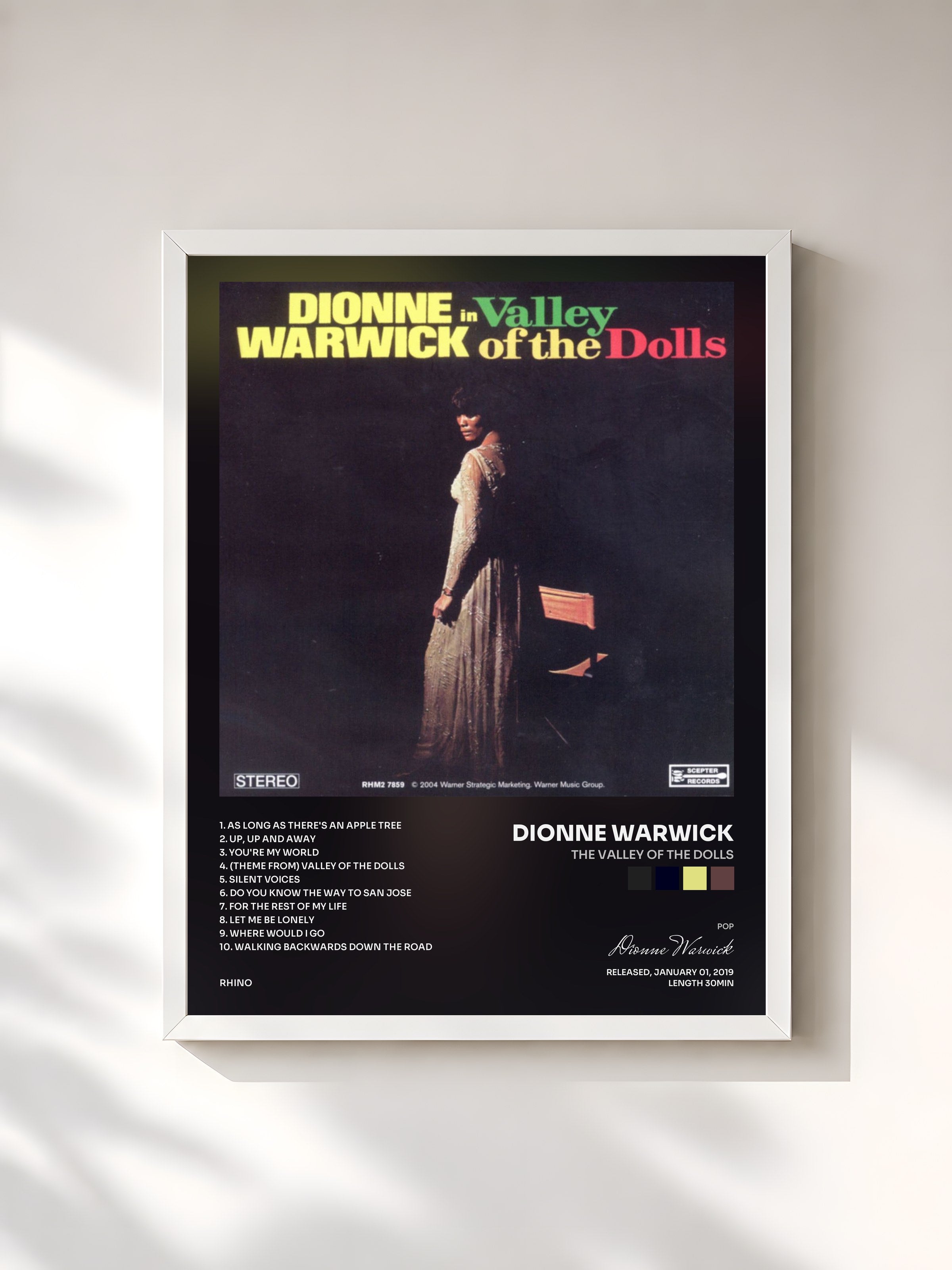 #blanc Tableau de l'album The Valley of the Dolls de Dionne Warwick, cadre blanc, imprimé et encadré en France