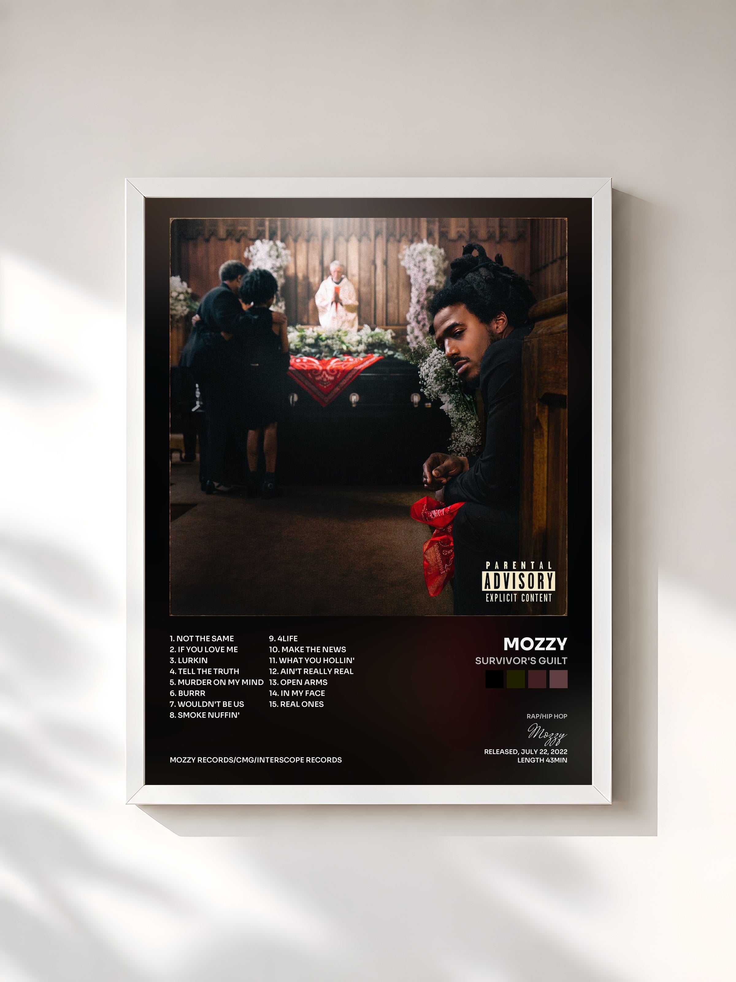 #blanc Tableau de l'album Survivor's Guilt de Mozzy, cadre blanc, imprimé et encadré en France