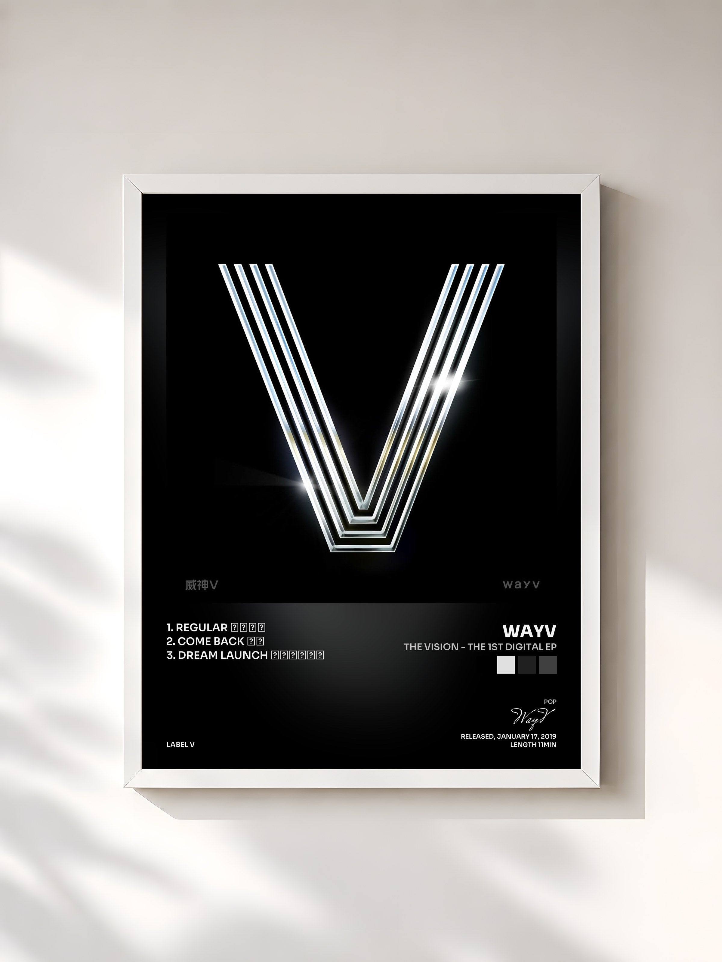 #blanc Tableau de l'album The Vision - The 1st Digital EP de WayV, cadre blanc, imprimé et encadré en France