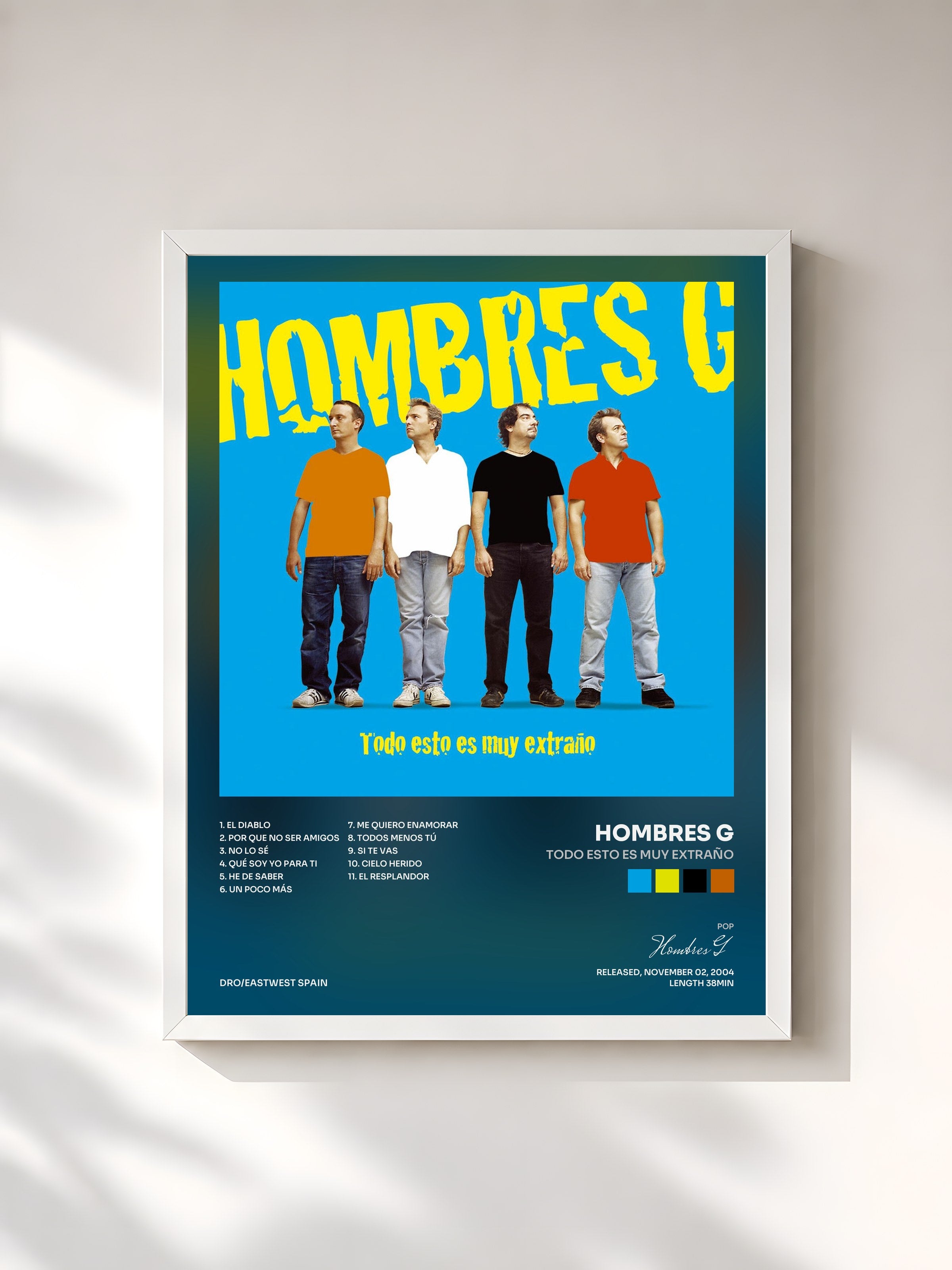 #blanc Tableau de l'album Todo esto es muy extraño de Hombres G, cadre blanc, imprimé et encadré en France