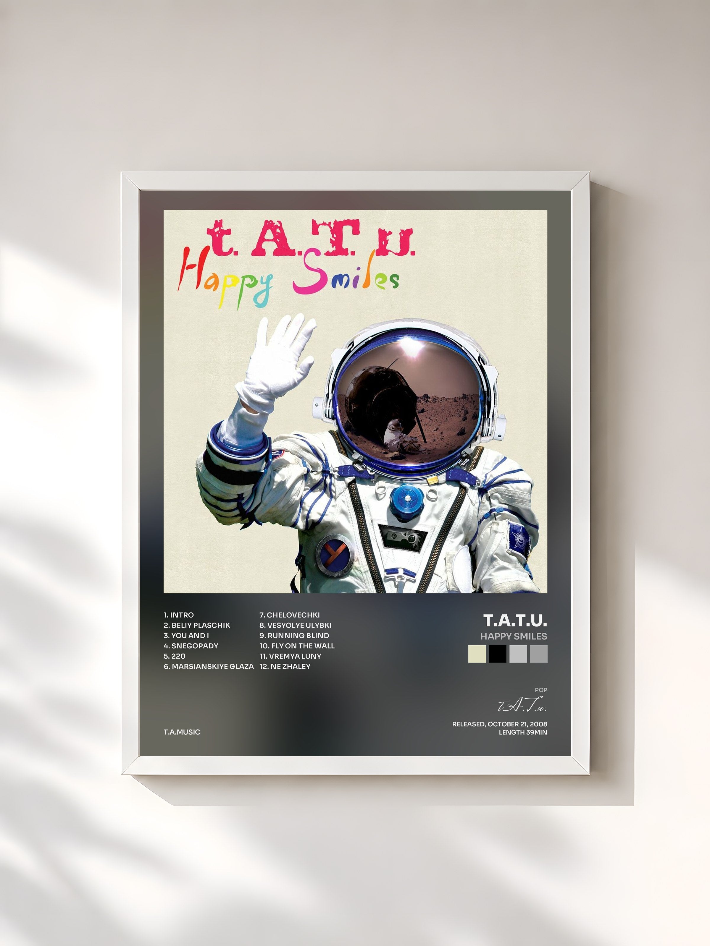 #blanc Tableau de l'album Happy Smiles de t.A.T.u., cadre blanc, imprimé et encadré en France