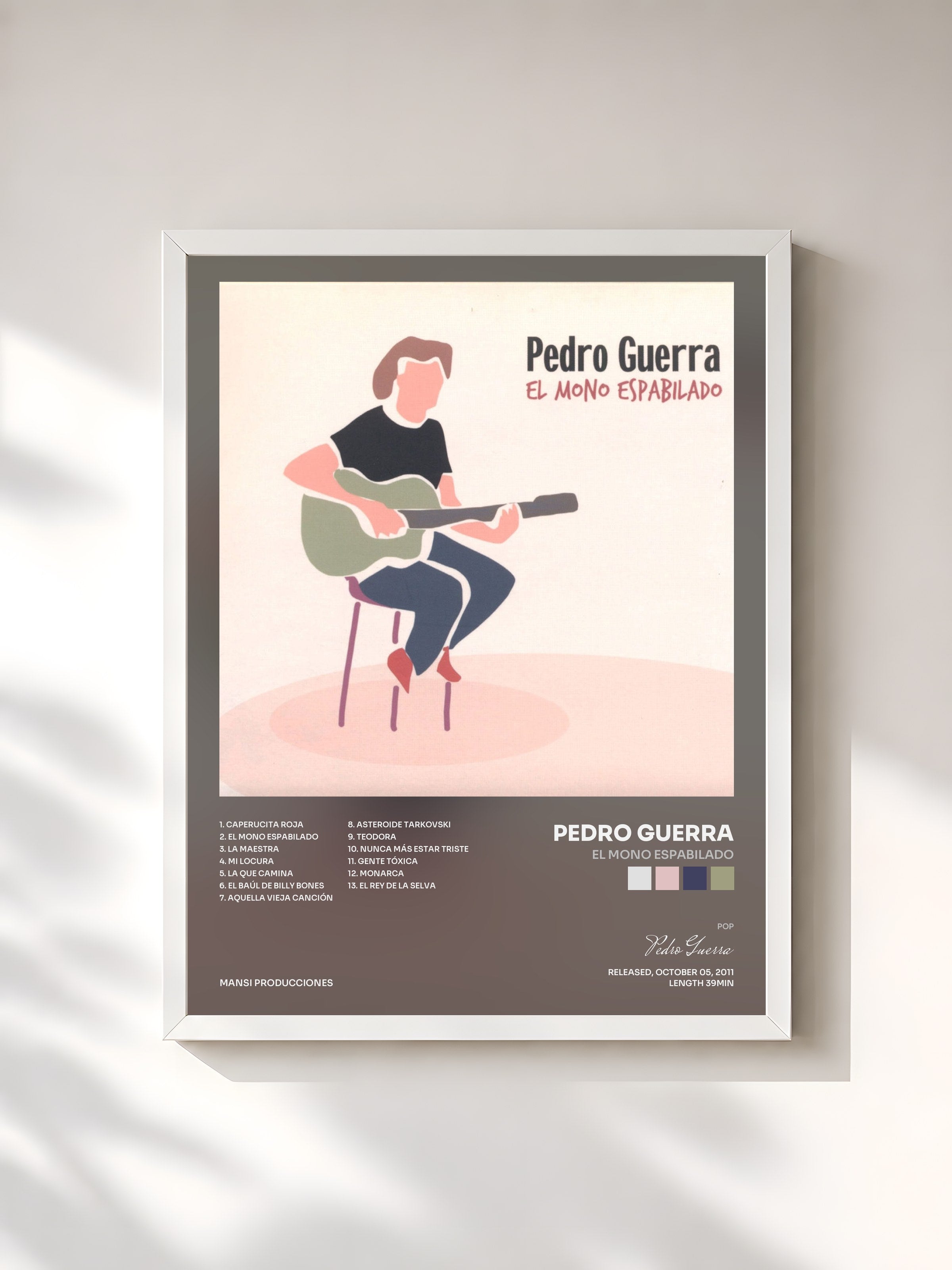 #blanc Tableau de l'album El Mono Espabilado de Pedro Guerra, cadre blanc, imprimé et encadré en France
