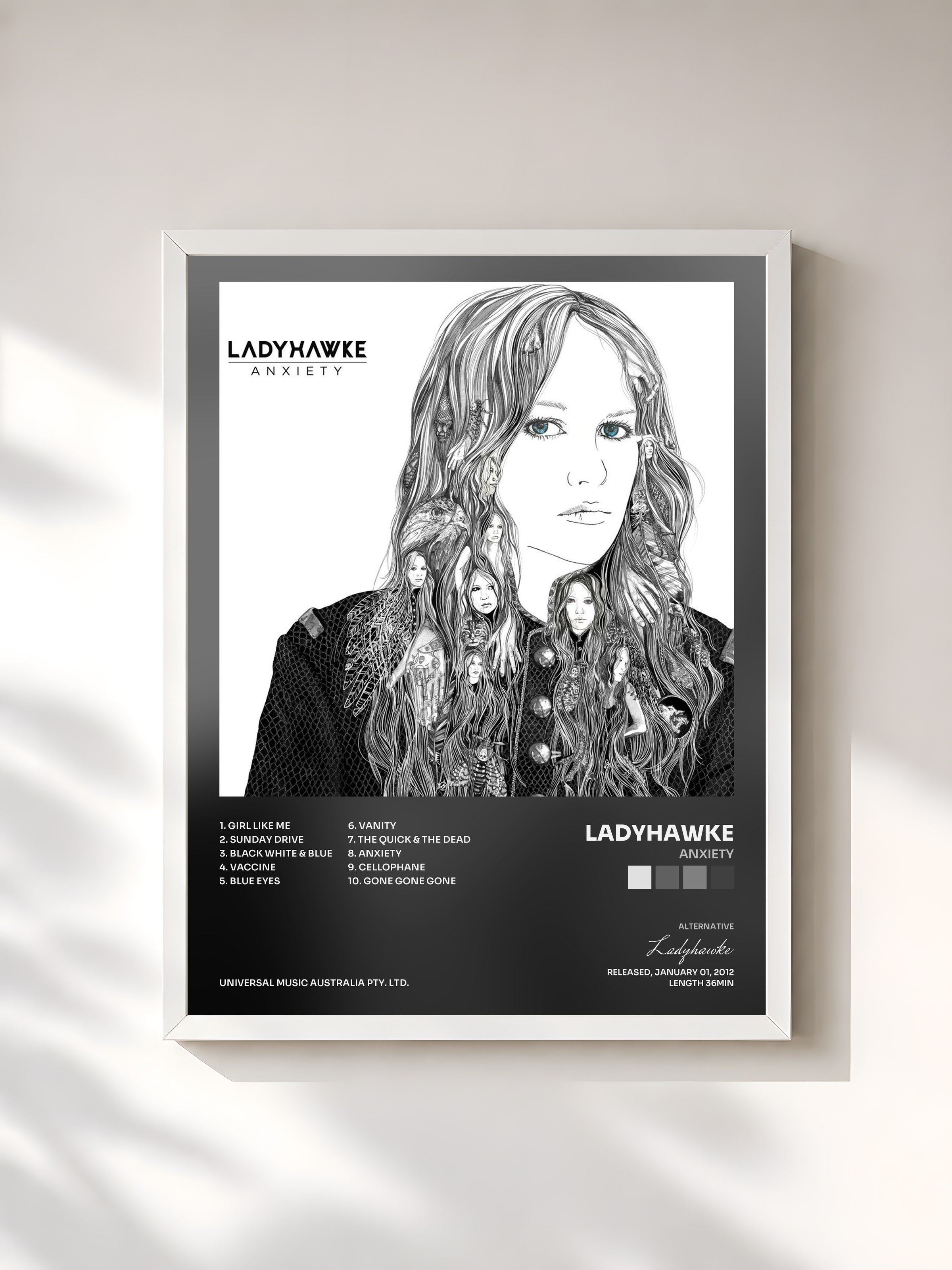 #blanc Tableau de l'album Anxiety de Ladyhawke, cadre blanc, imprimé et encadré en France